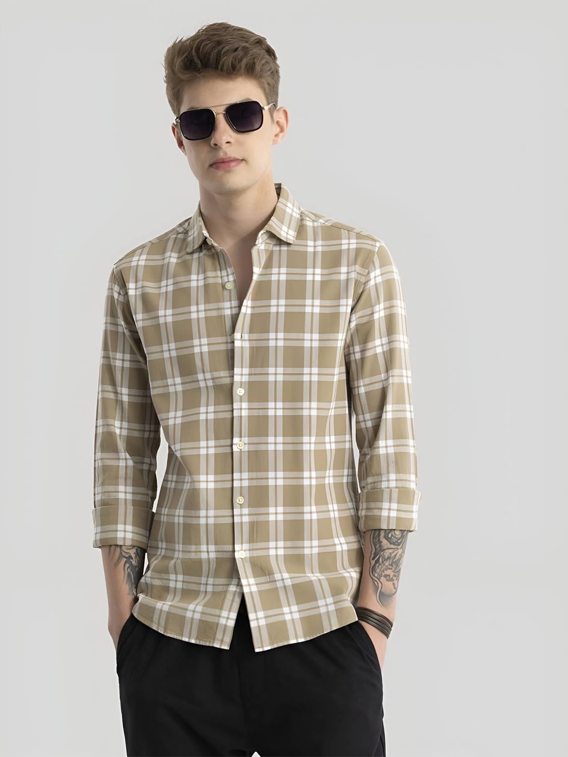 RODEIZ Men Striped Casual Beige Shirt