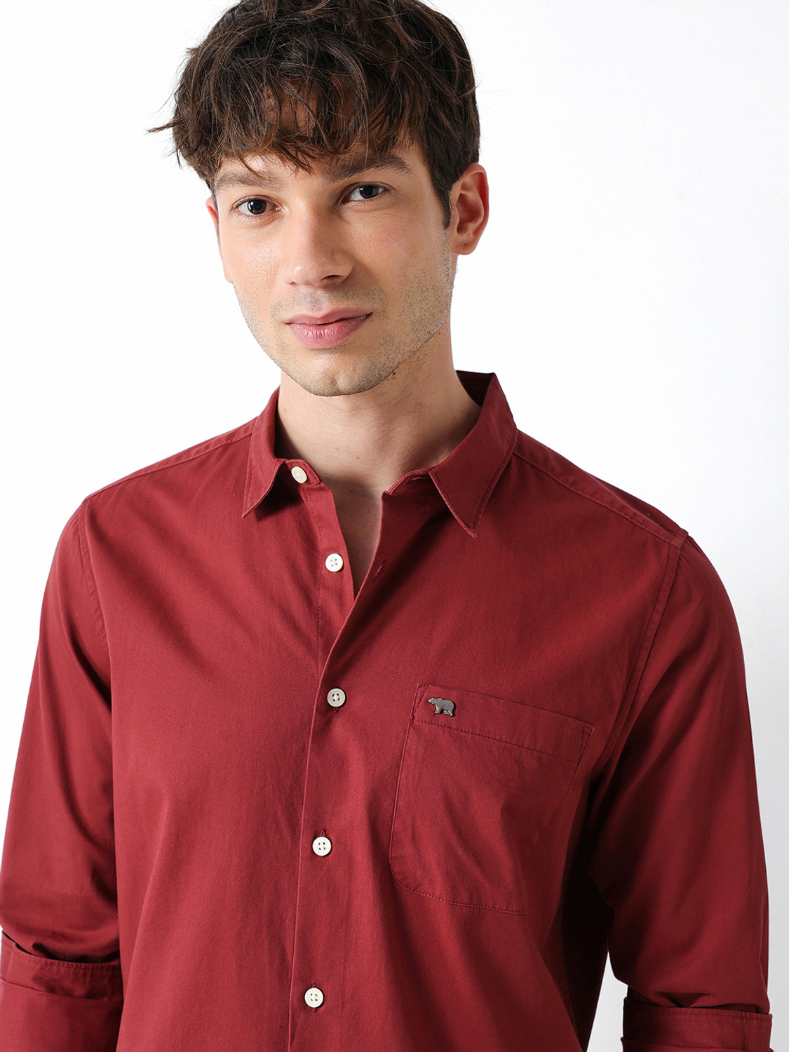 Image of THE BEAR HOUSE Men Solid Casual Brown Shirt