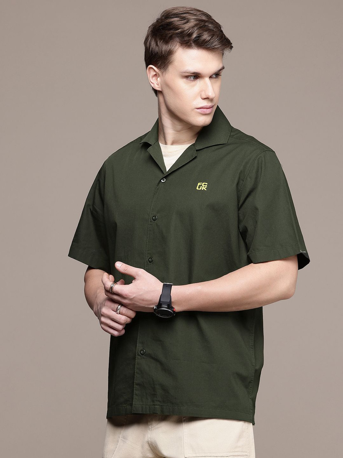 Image of FCUK Men Printed Casual Green Shirt