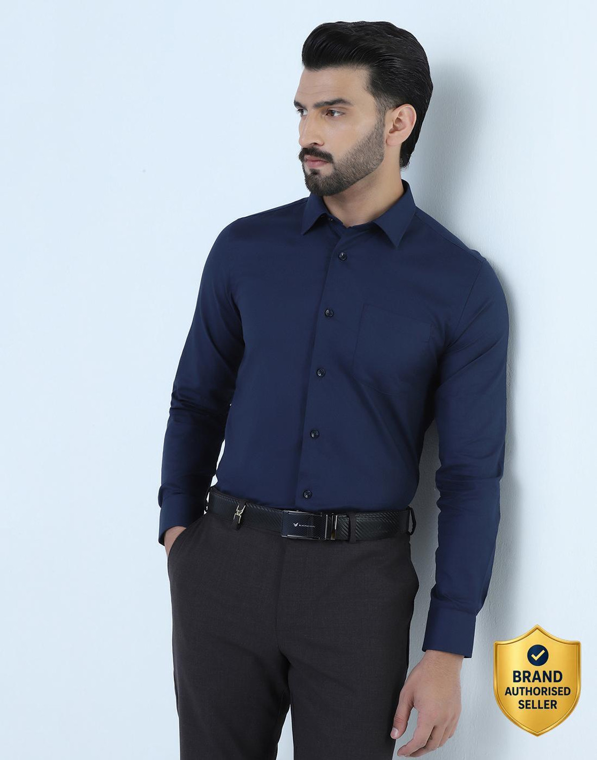 Image of Blackberrys Men Self Design Formal Blue Shirt