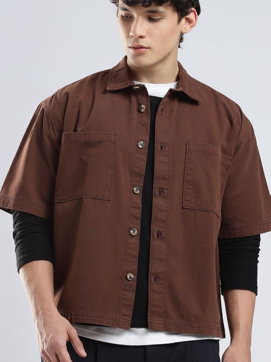 HERE&NOW Men Solid Casual Brown Shirt - Image 3
