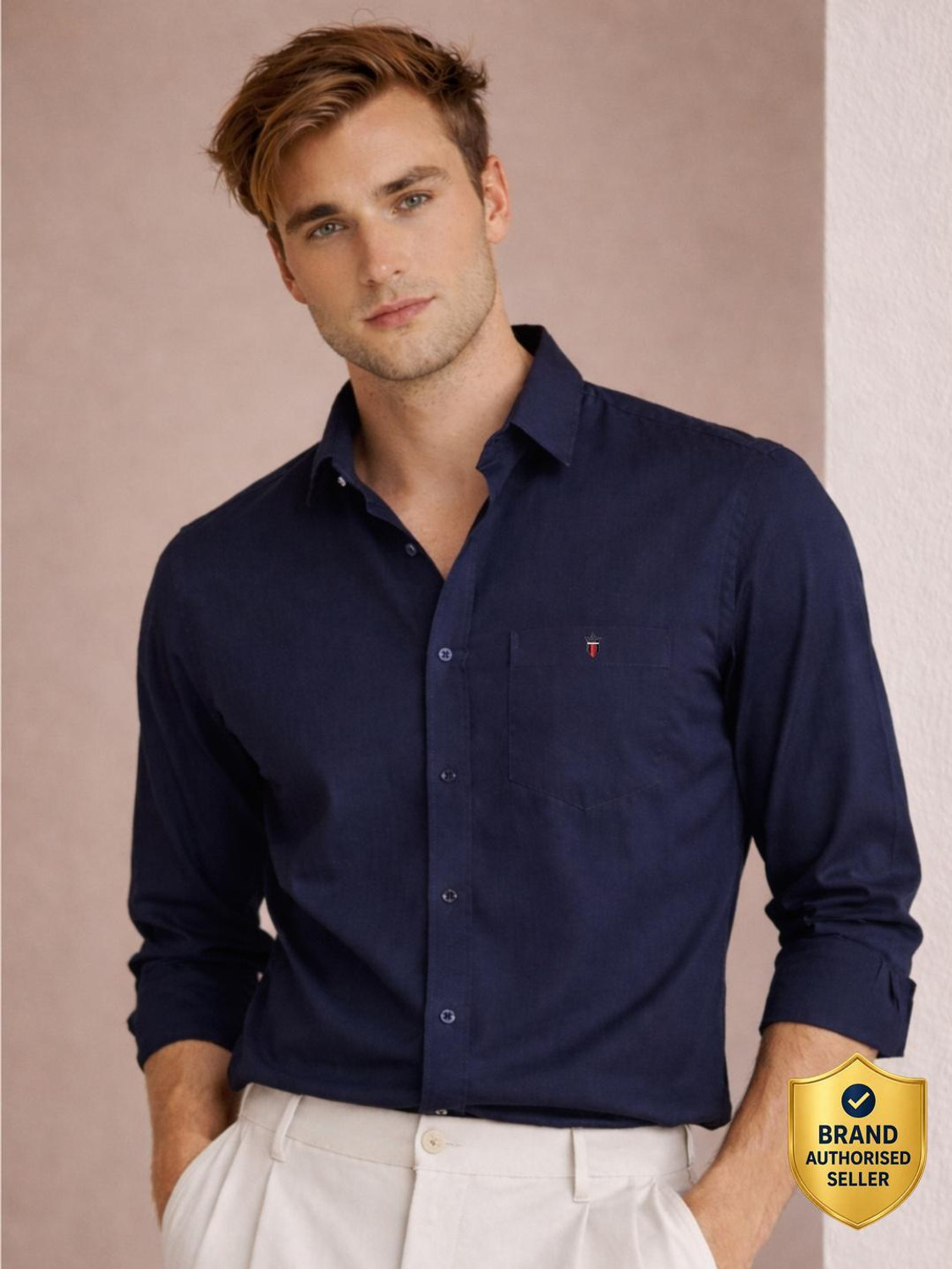 Image of LOUIS PHILIPPE Men Solid Casual Dark Blue Shirt