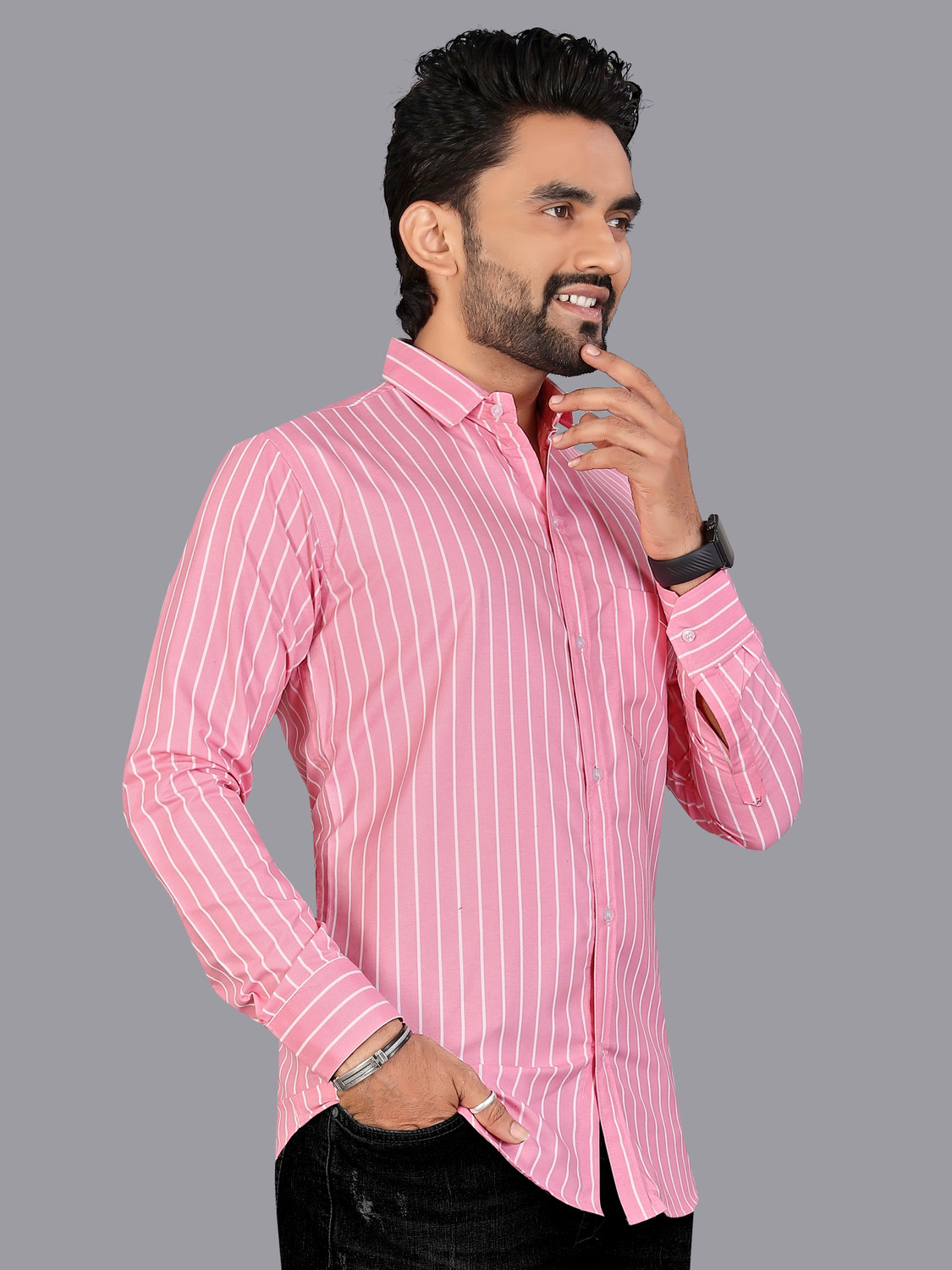 Image of DISHANK CREATION Men Striped Casual Pink Shirt