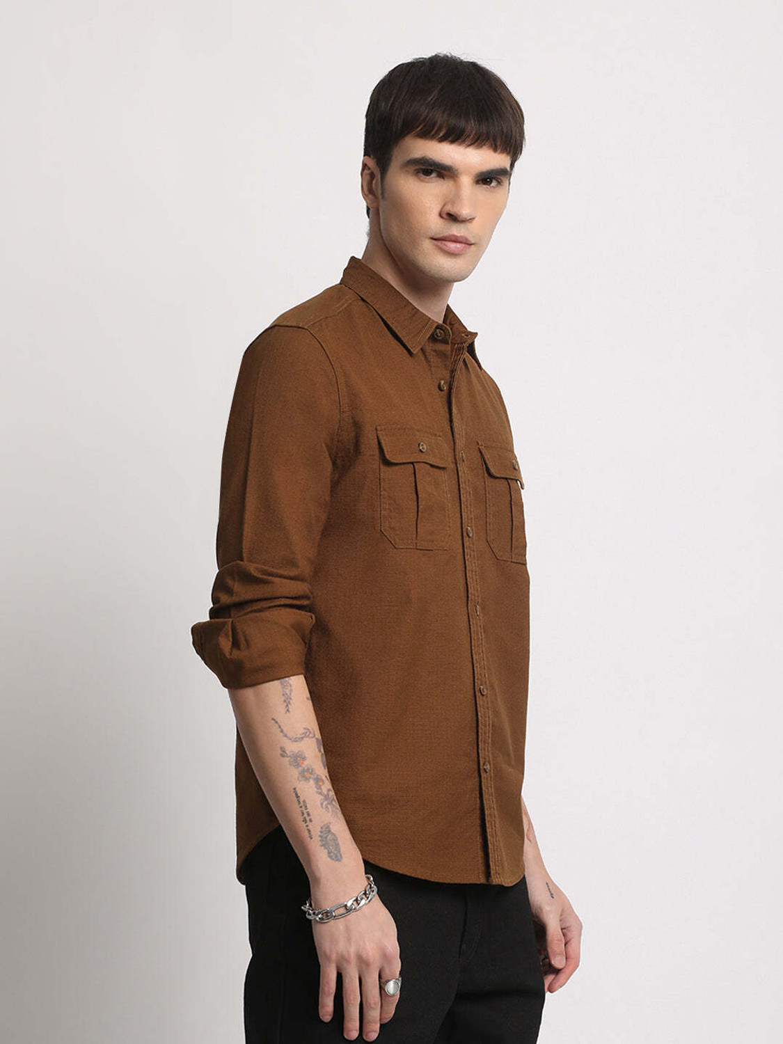 Image of THE BEAR HOUSE Men Solid Casual Brown Shirt