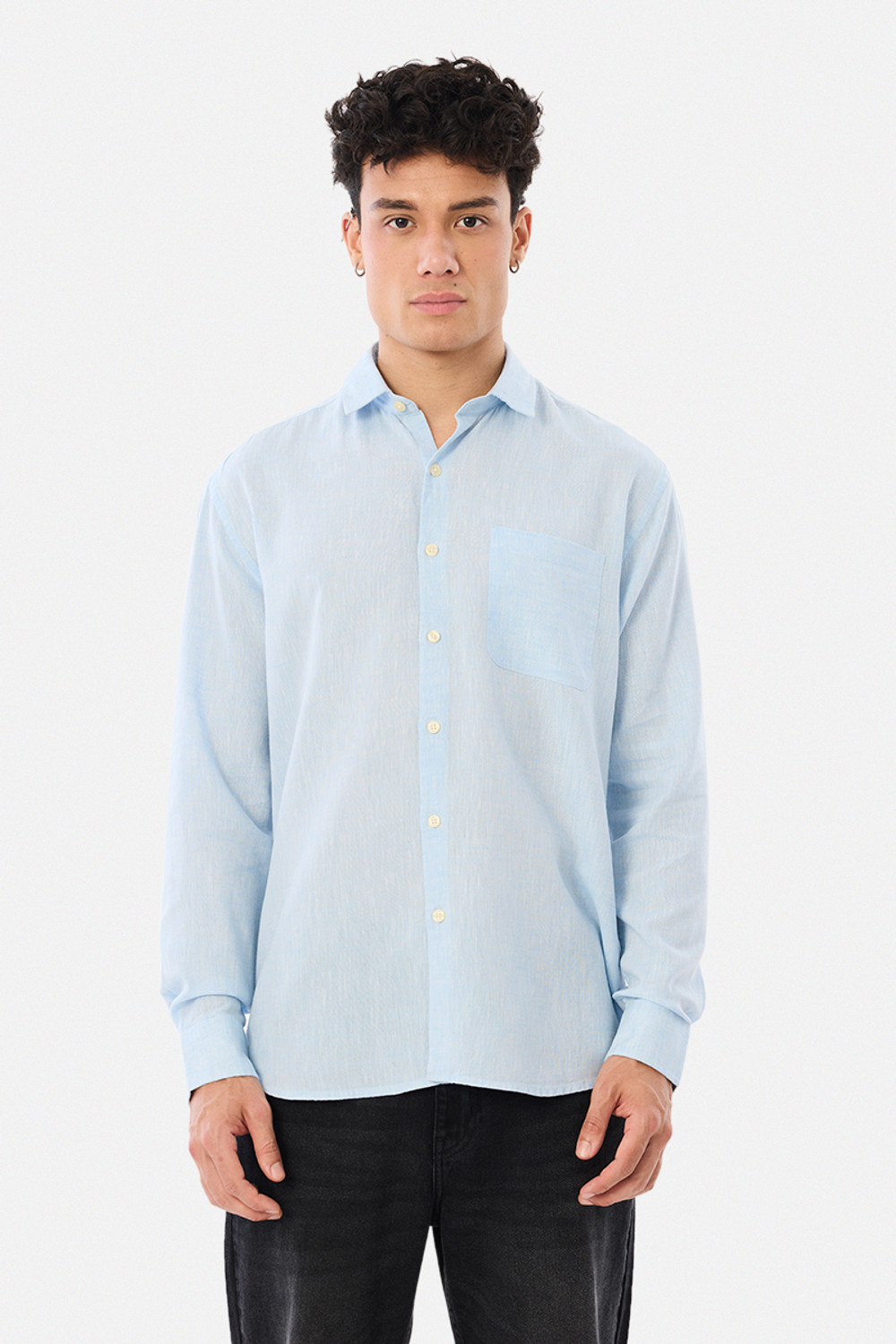 Image of Snitch Men Solid Casual Light Blue Shirt