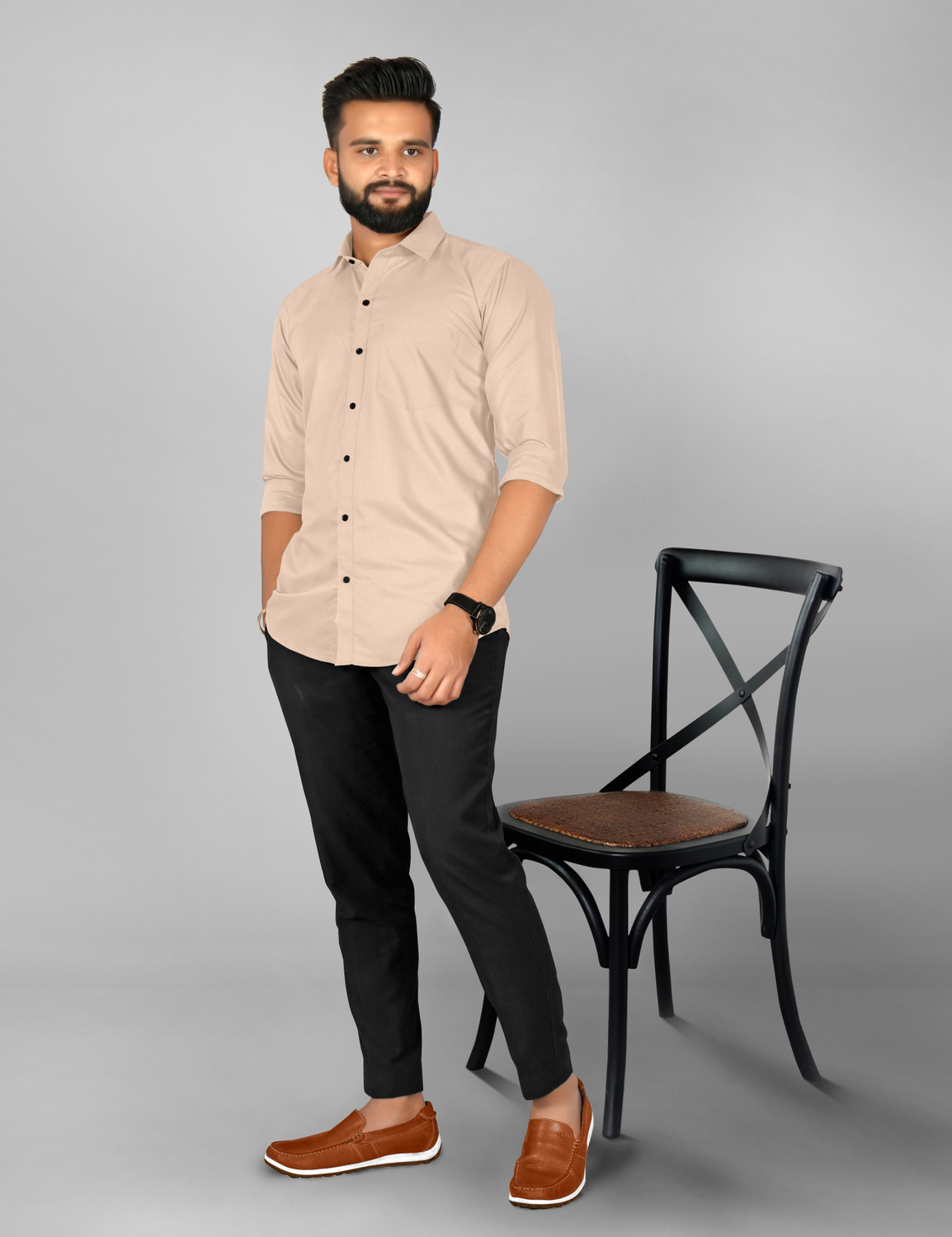 Image of FIBERMILL Men Solid Formal Beige Shirt