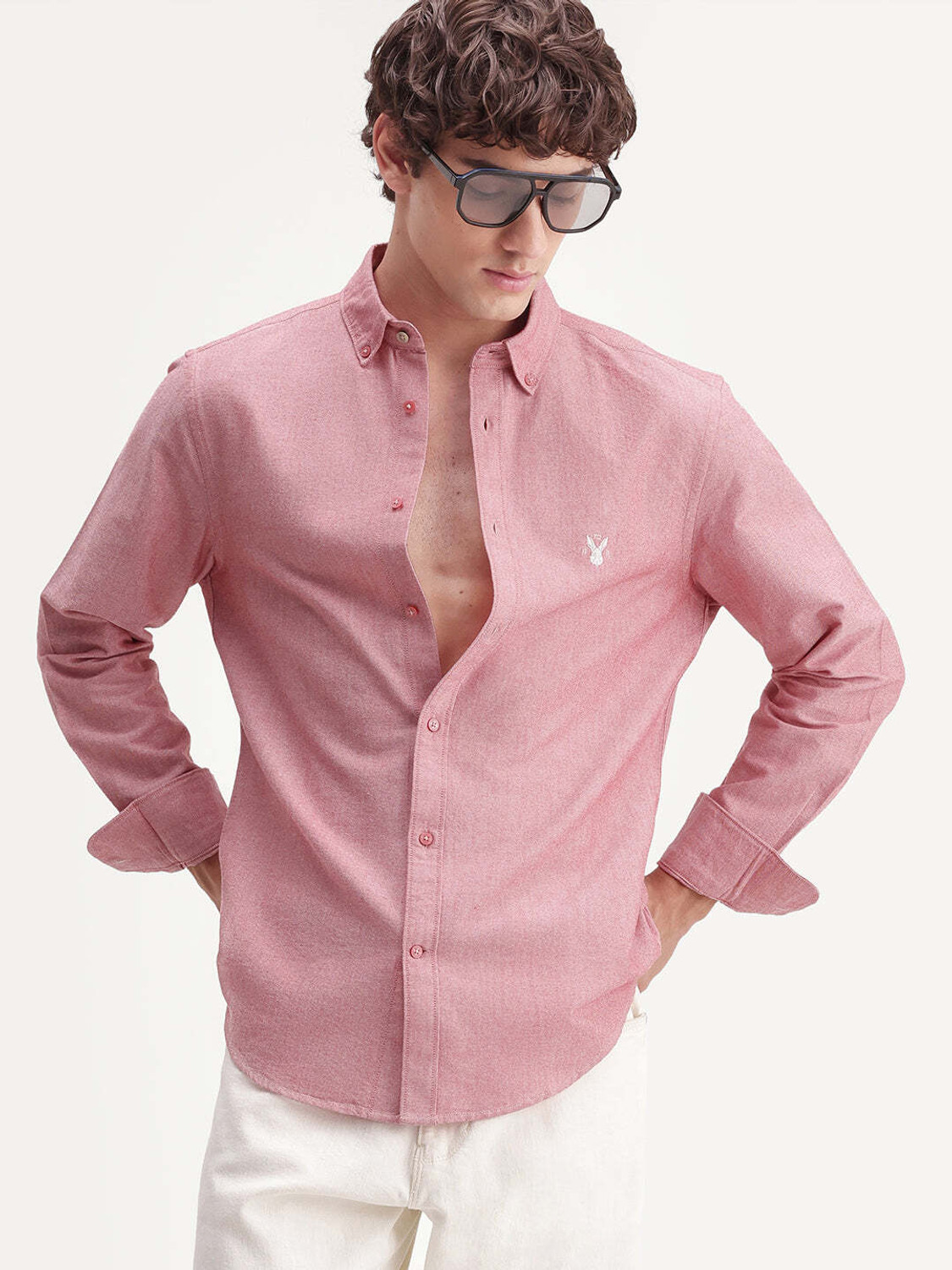 Image of RARE RABBIT Men Solid Casual Pink Shirt