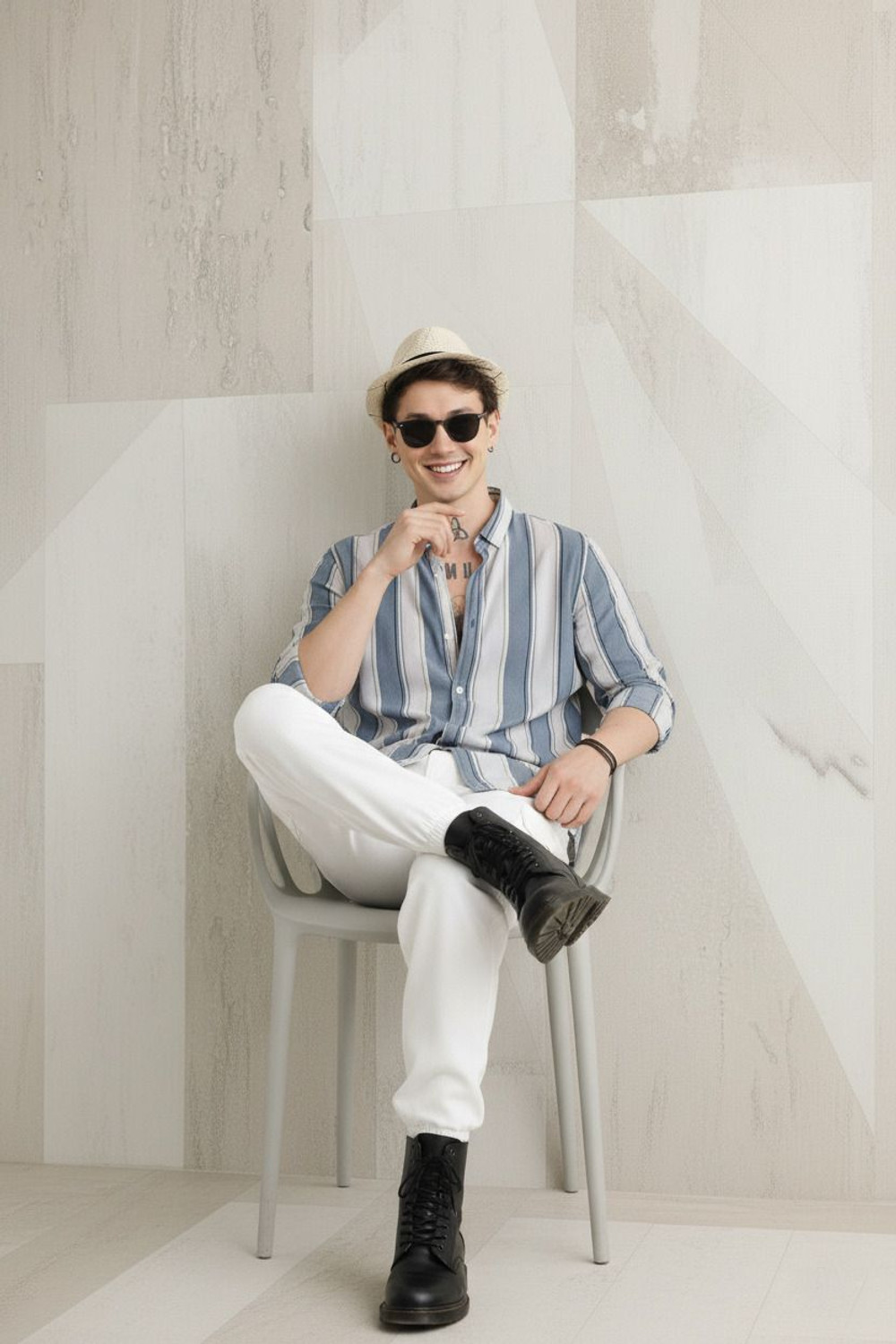 Image of DJFOX Men Striped Casual Light Blue Shirt