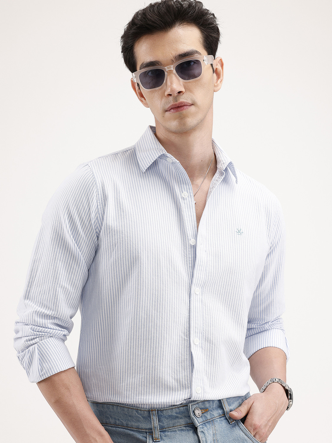 Image of WROGN Men Striped Casual Blue Shirt