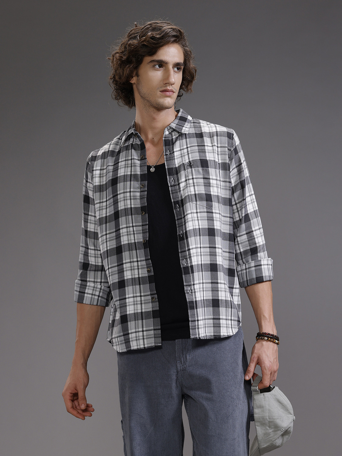 Image of WROGN Men Checkered Casual Grey Shirt