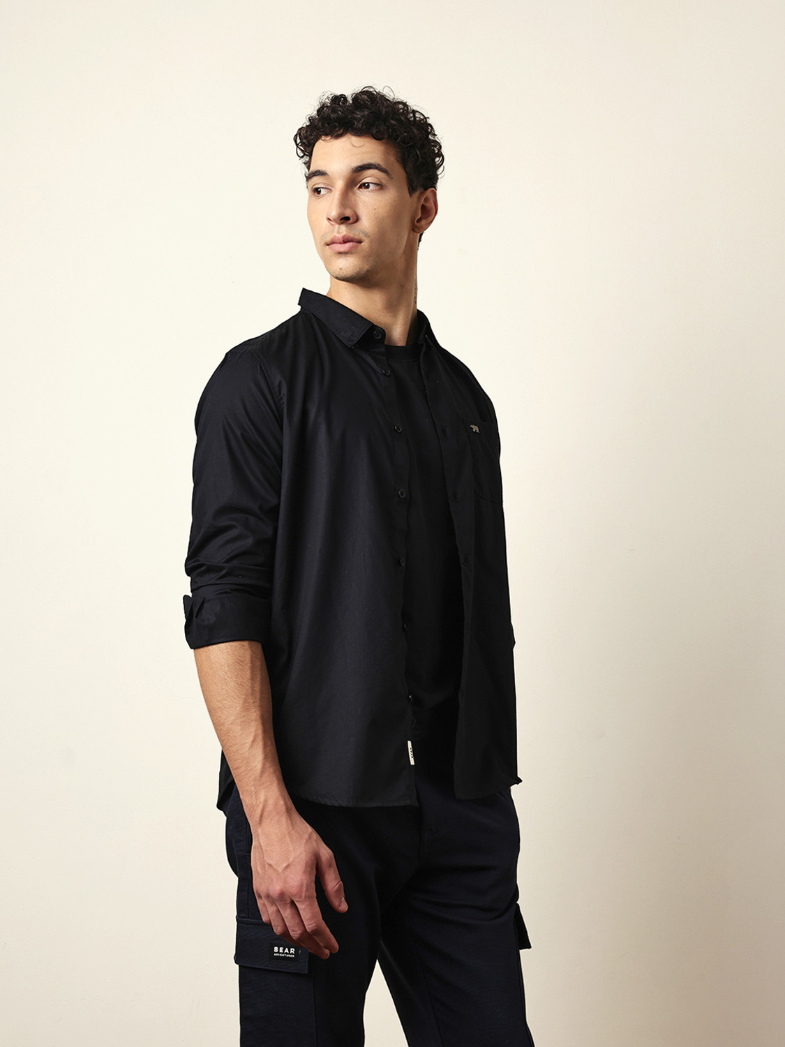 Image of THE BEAR HOUSE Men Solid Casual Black Shirt