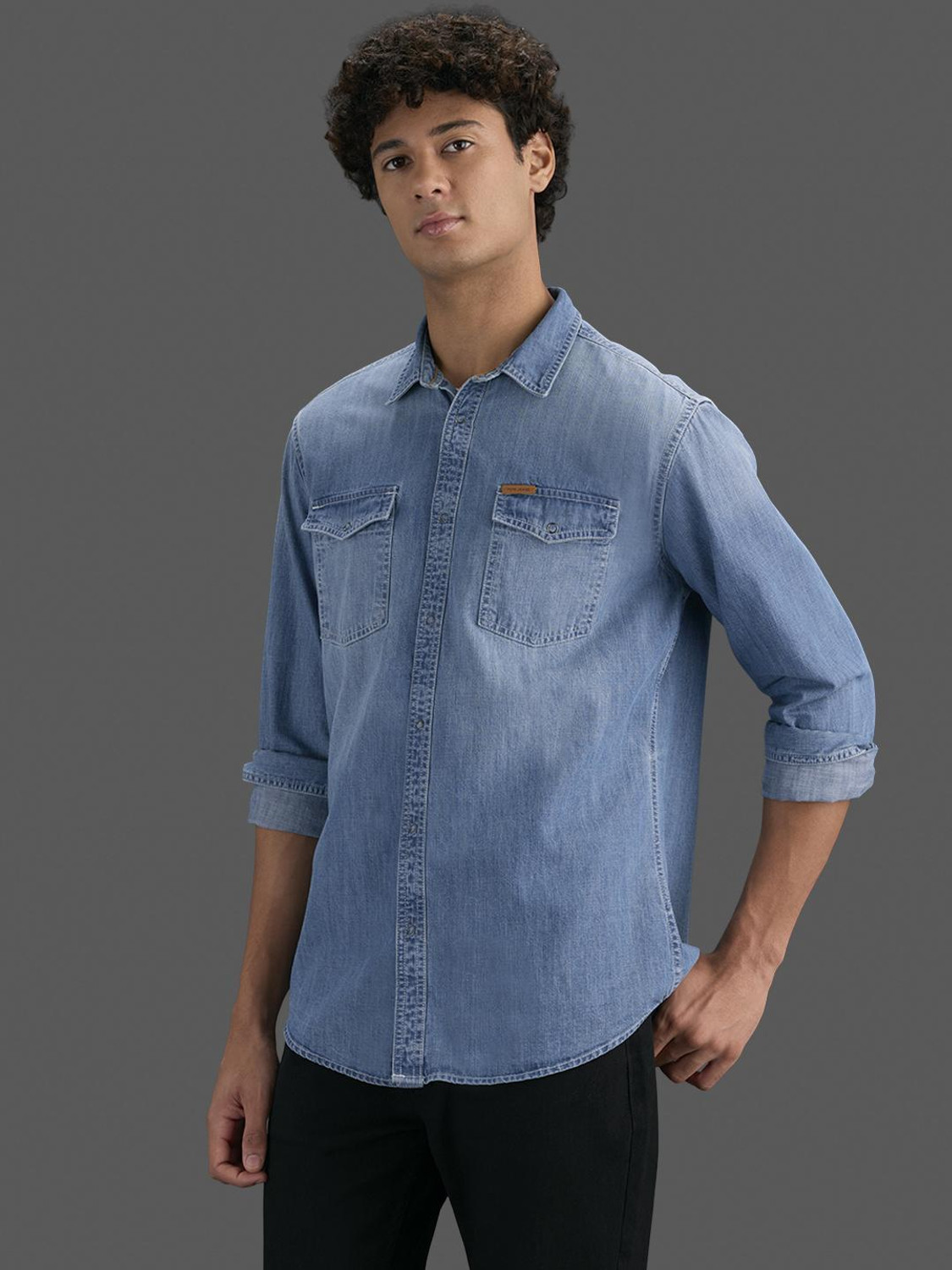 Image of Pepe Jeans Men Solid Casual Blue Shirt