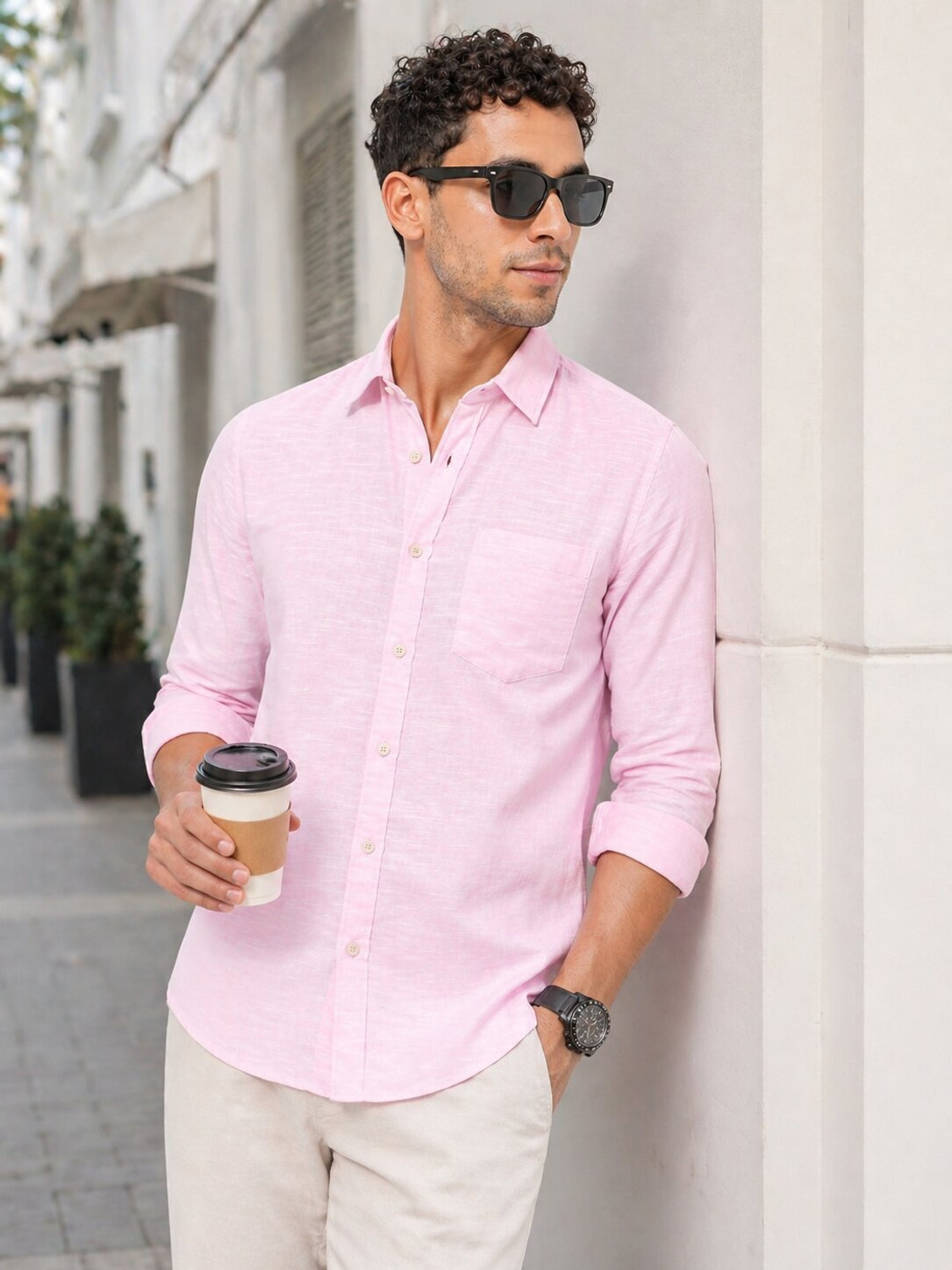 Image of MOHICANS Men Solid Casual Pink Shirt