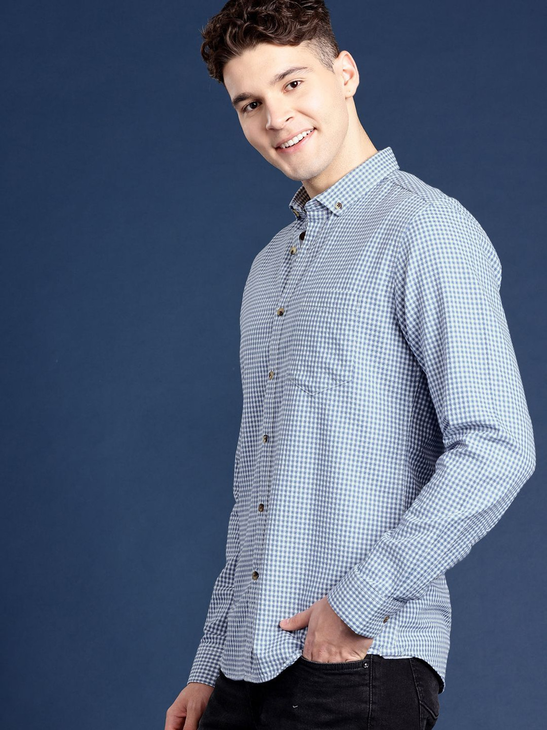 Image of Mast & Harbour Men Checkered Casual Blue Shirt