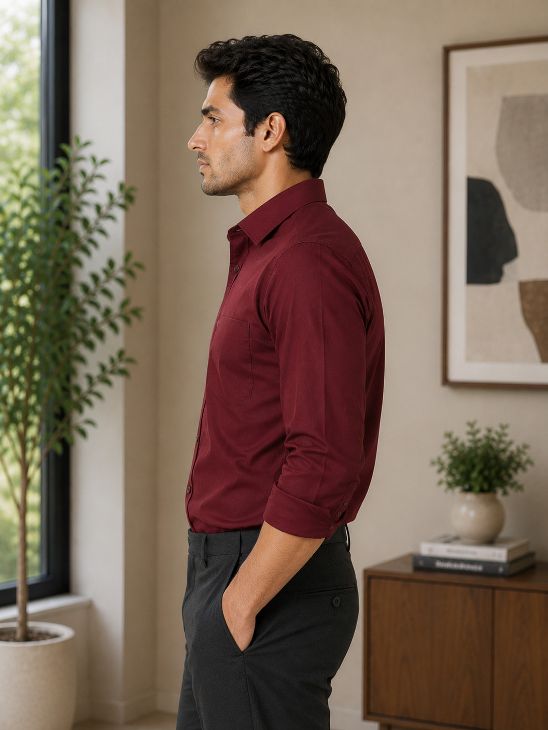 Image of FUBAR Men Solid Casual Maroon Shirt