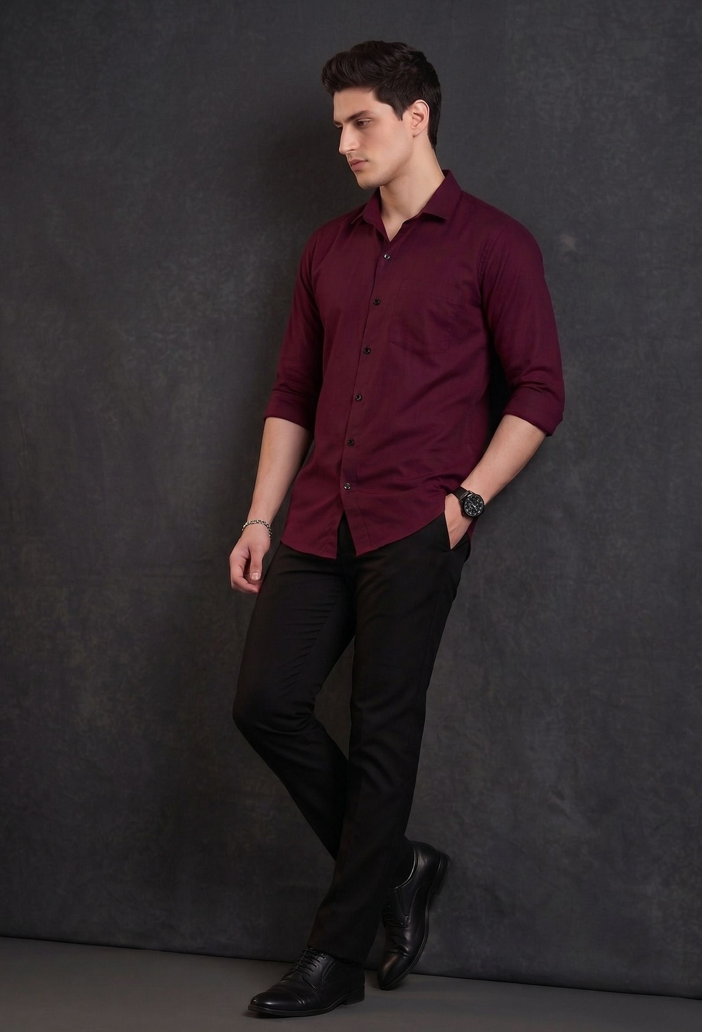 Image of STONEBERG Men Solid Formal Maroon Shirt