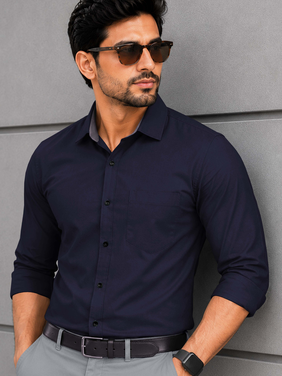 Image of VeBNoR Men Solid Casual Dark Blue Shirt