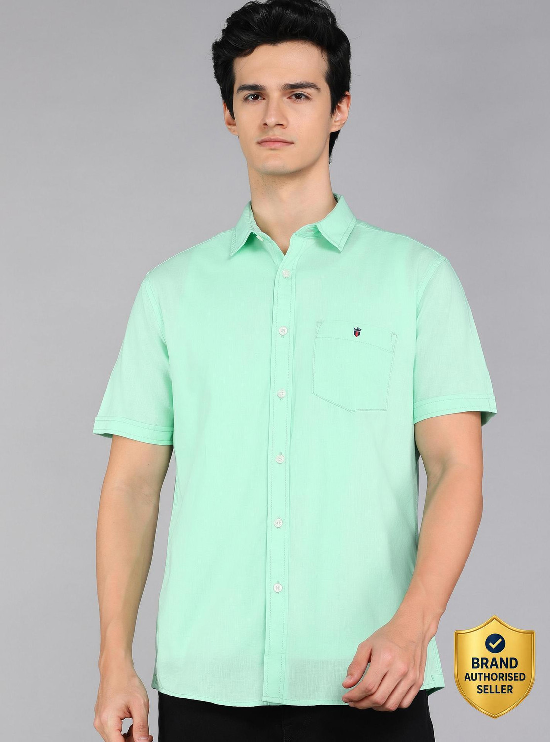 Image of Louis Philippe Jeans Men Solid Casual Light Green Shirt