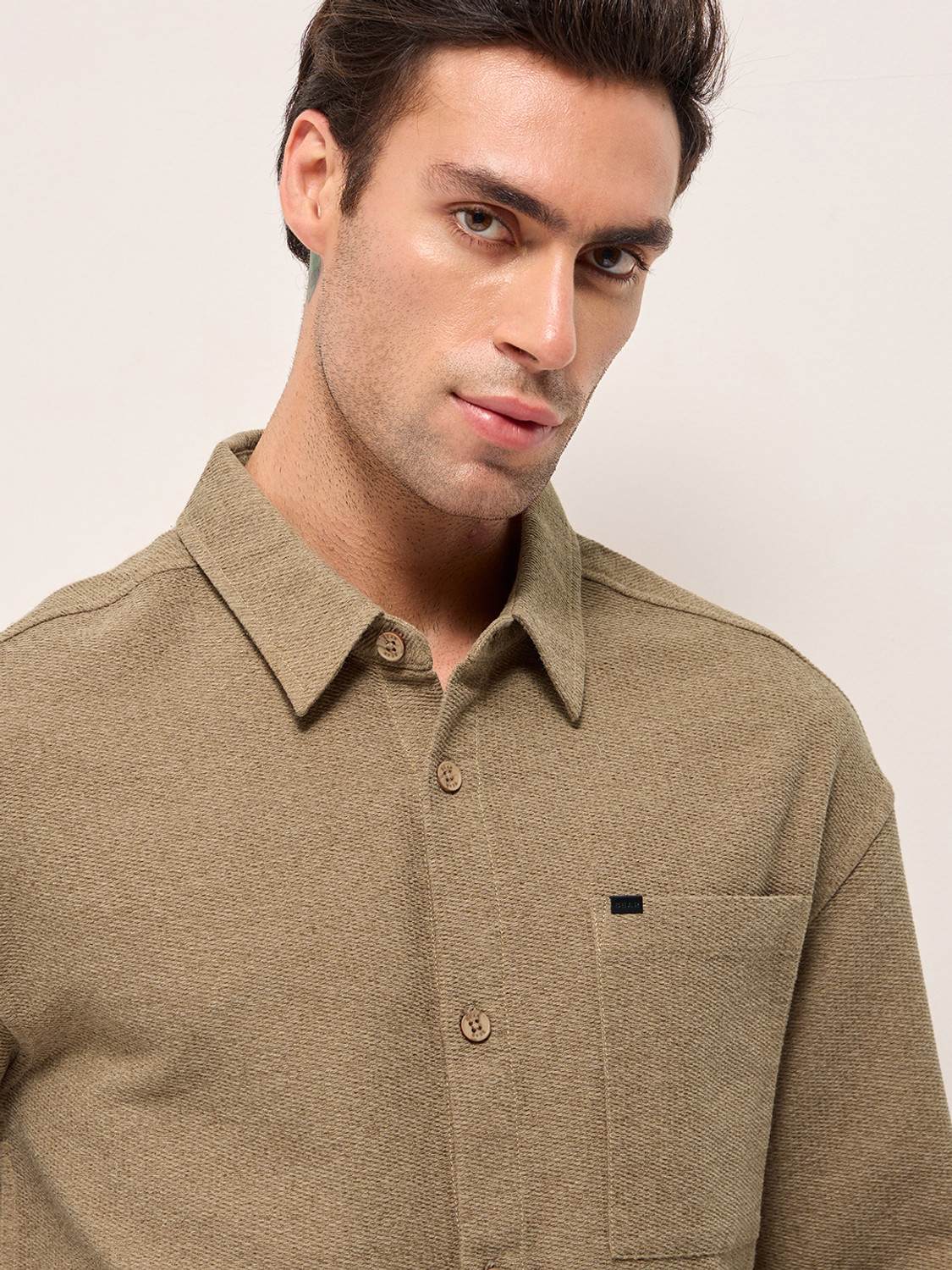 Image of THE BEAR HOUSE Men Solid Casual Beige Shirt