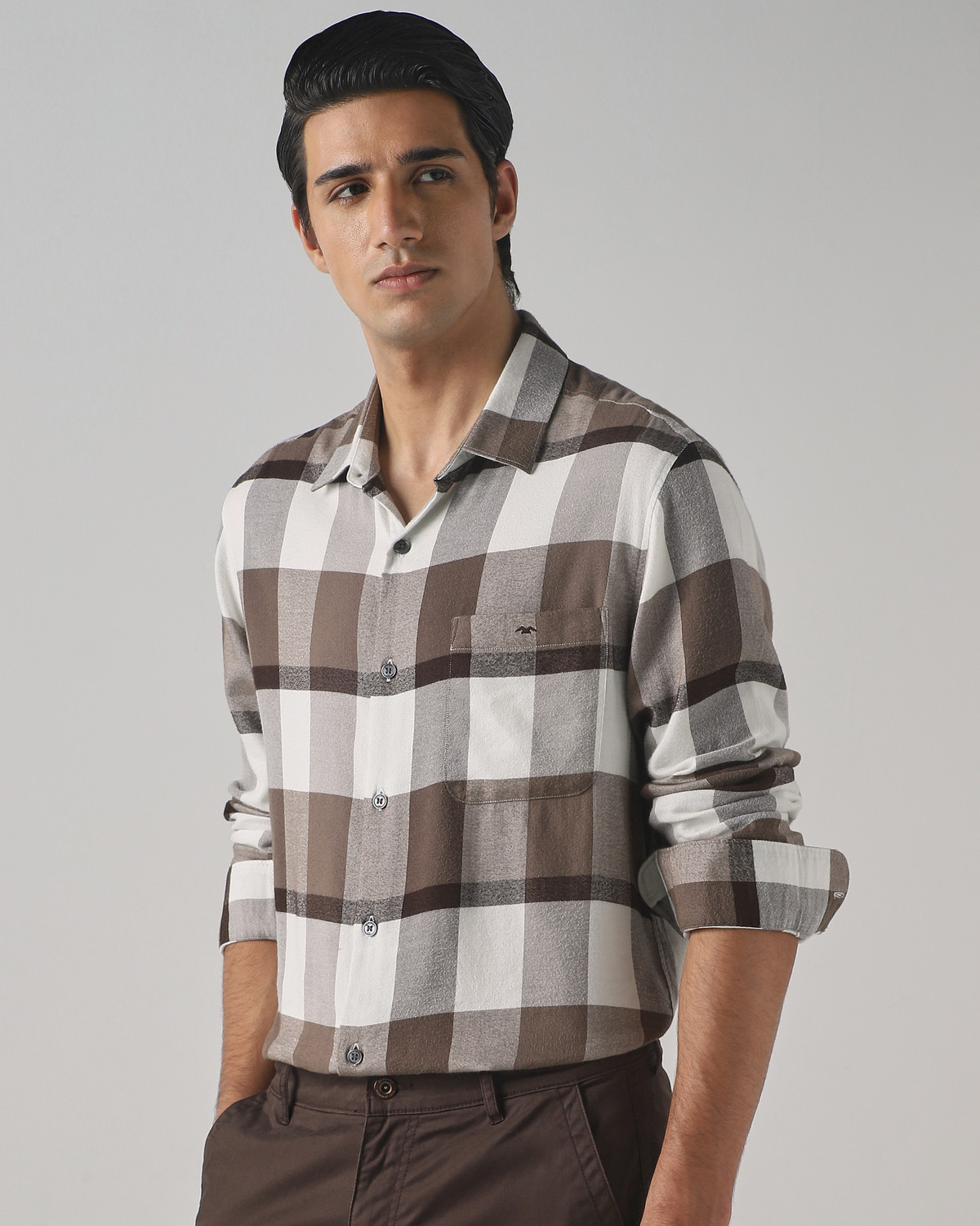 Image of MUFTI Men Checkered Casual Brown Shirt