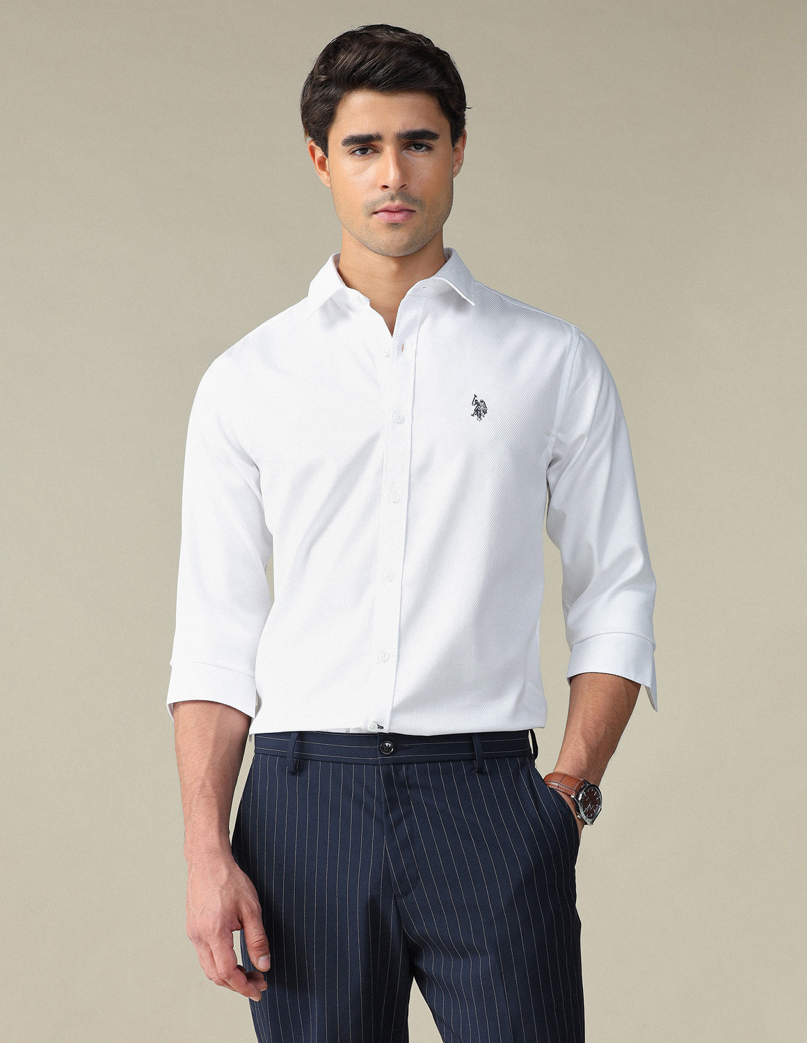 Image of U.S. POLO ASSN. Men Self Design Formal White Shirt