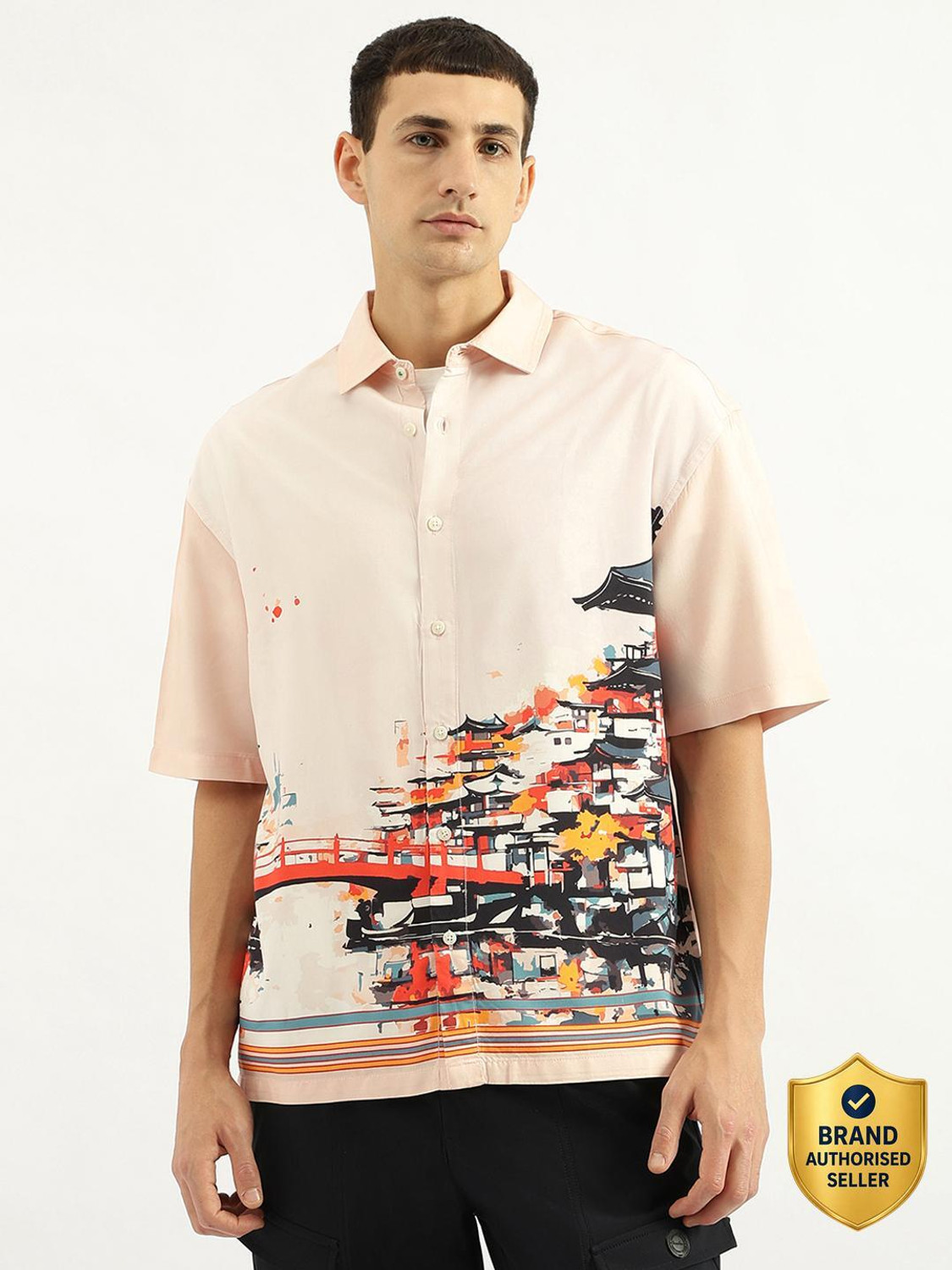 Image of United Colors of Benetton Men Printed Casual Pink Shirt