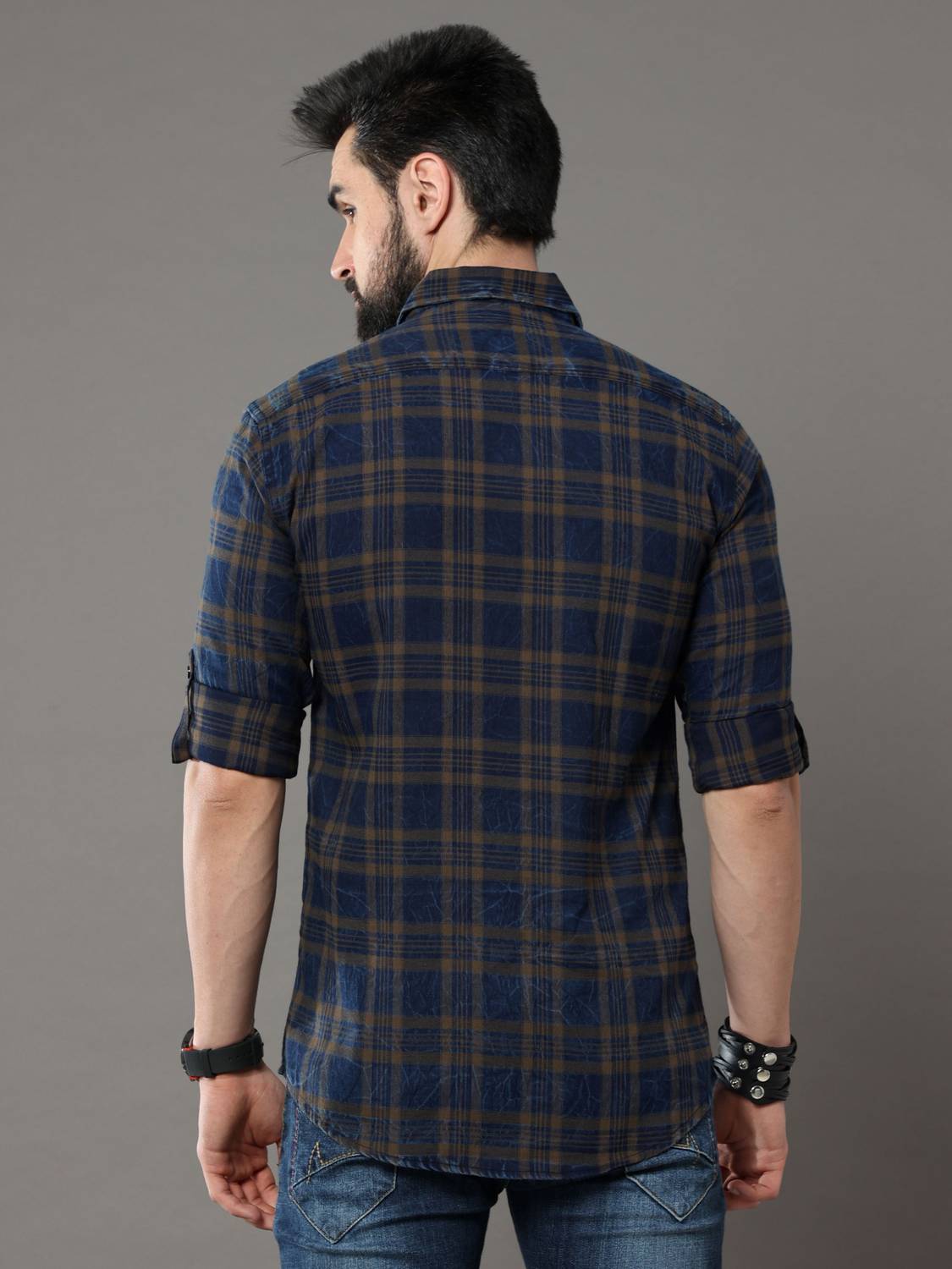 tallwalker Men Checkered Casual Blue, Brown Shirt - Image 2