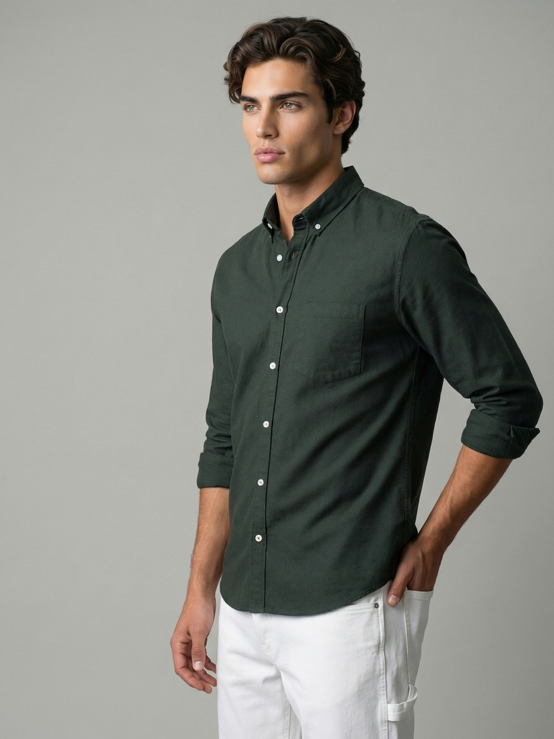 Image of Urbano Fashion Men Solid Casual Dark Green Shirt