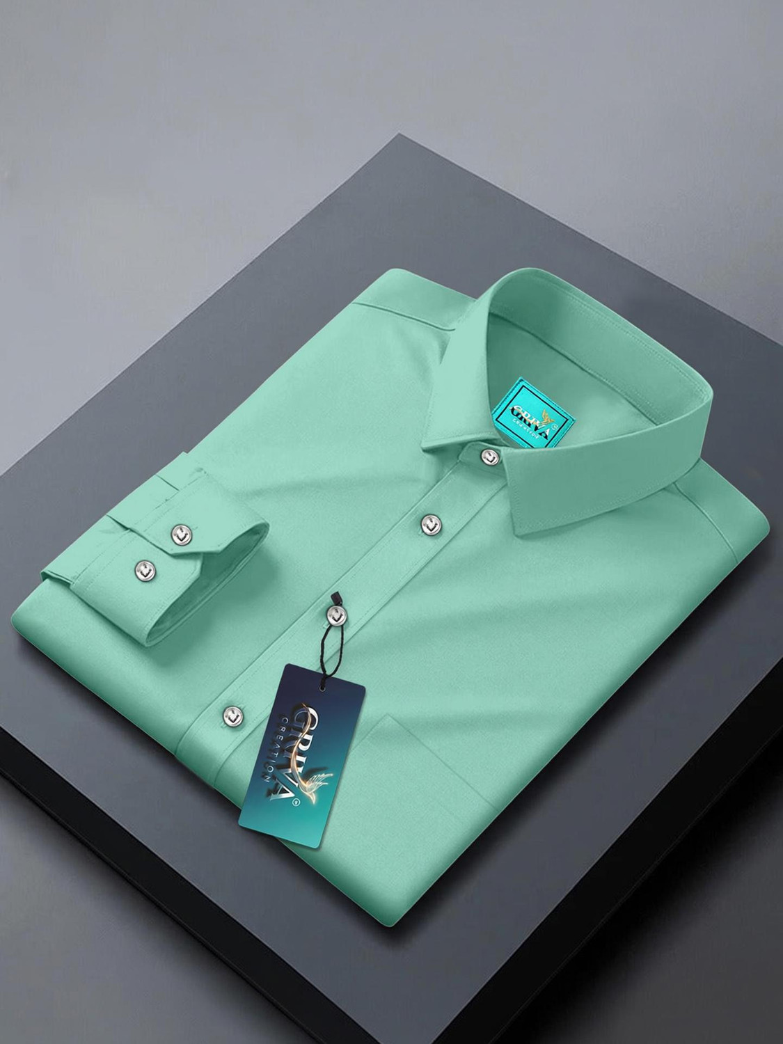 Image of Grivacreation Men Solid Casual Light Green Shirt