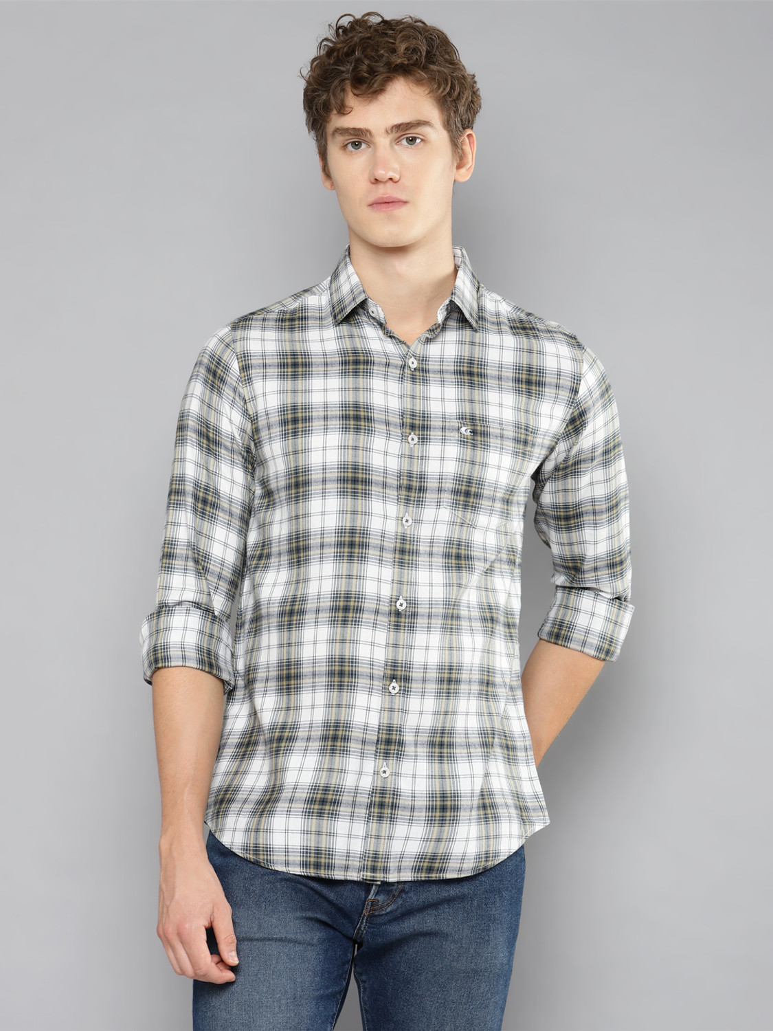 Image of Allen Cooper Men Checkered Casual Grey, White Shirt
