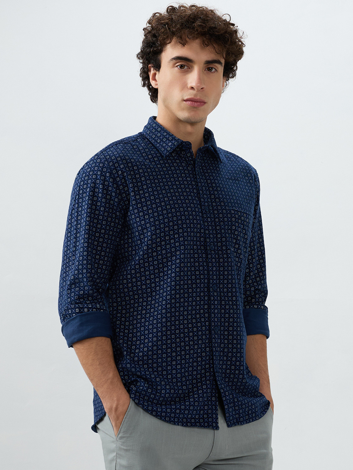 Image of PARX Men Printed Casual Dark Blue Shirt