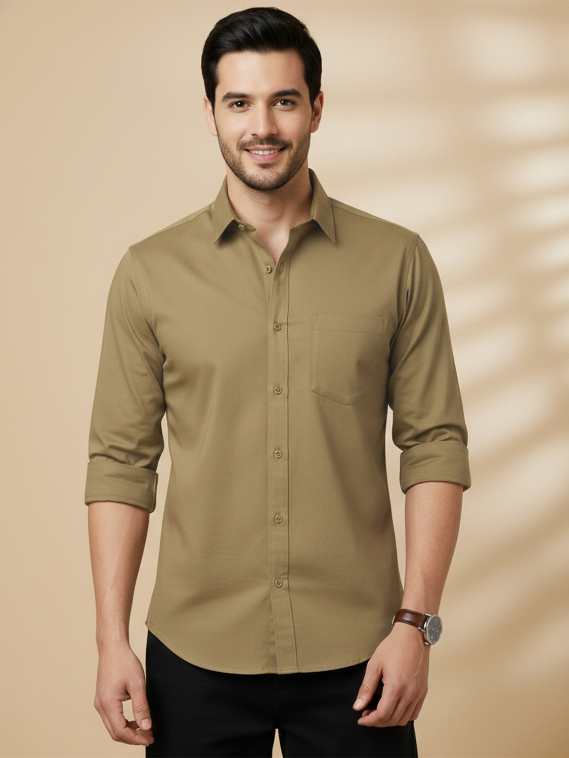 Image of METRONAUT Men Solid Casual Khaki Shirt
