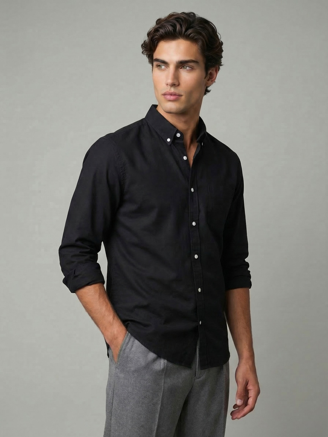 Image of Urbano Fashion Men Solid Casual Black Shirt
