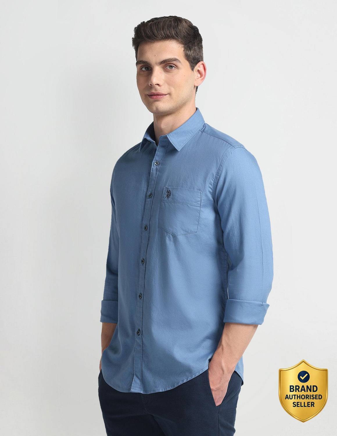 U.S. POLO ASSN. Men Solid Casual Blue Shirt