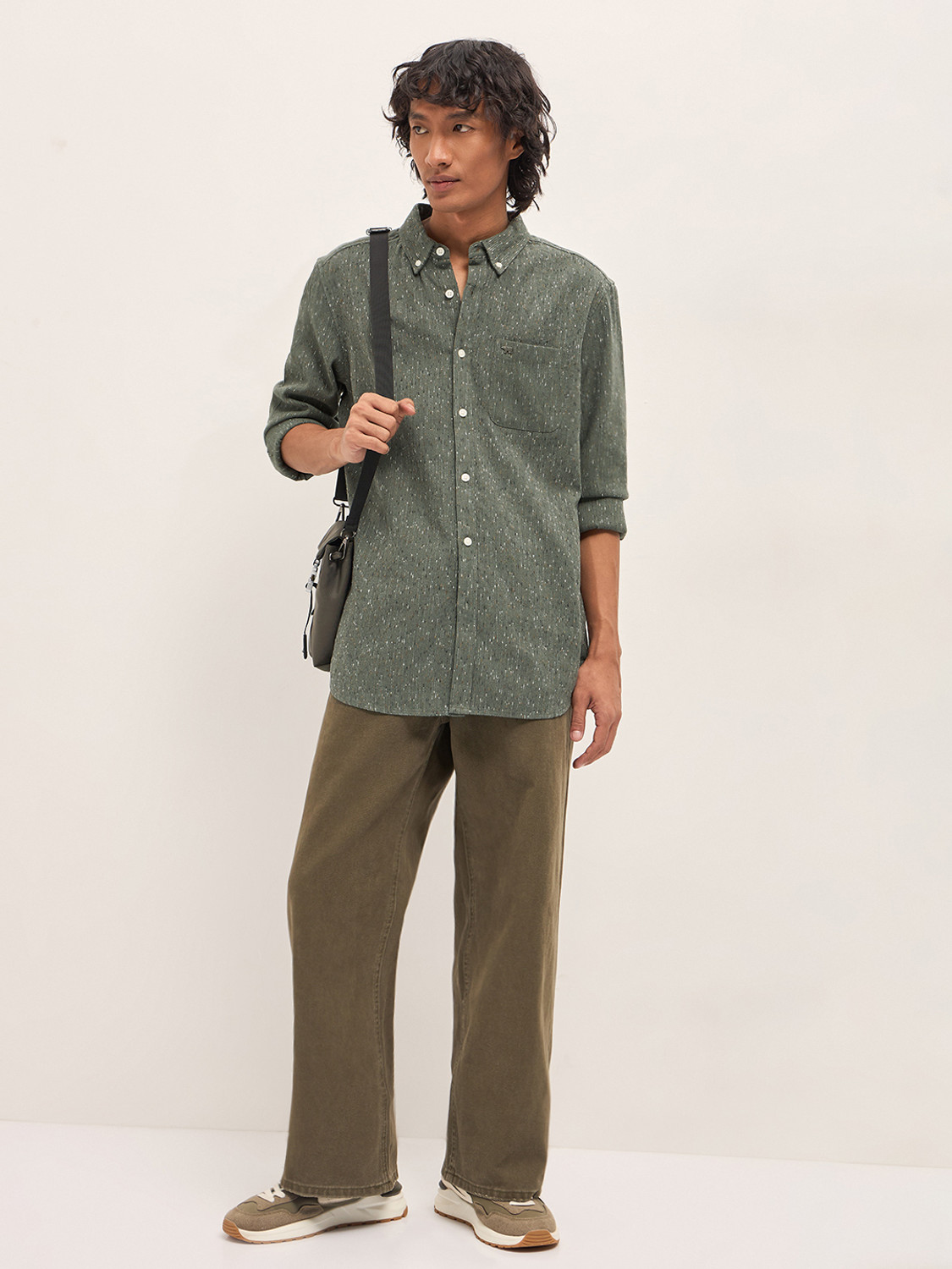 Image of THE BEAR HOUSE Men Self Design Casual Green Shirt