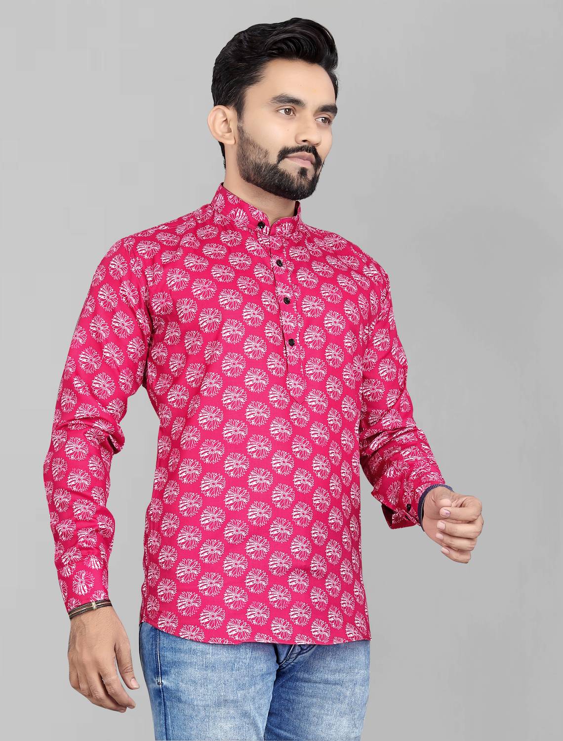 Poltern Men Printed Straight Pink Kurta - Image 5