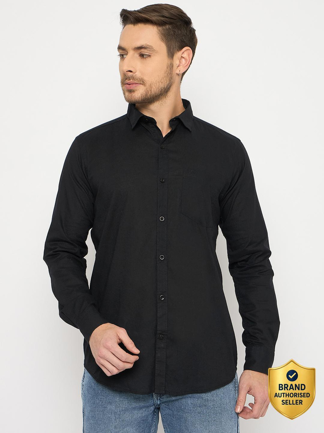 Image of DUKE Men Solid Casual Black Shirt