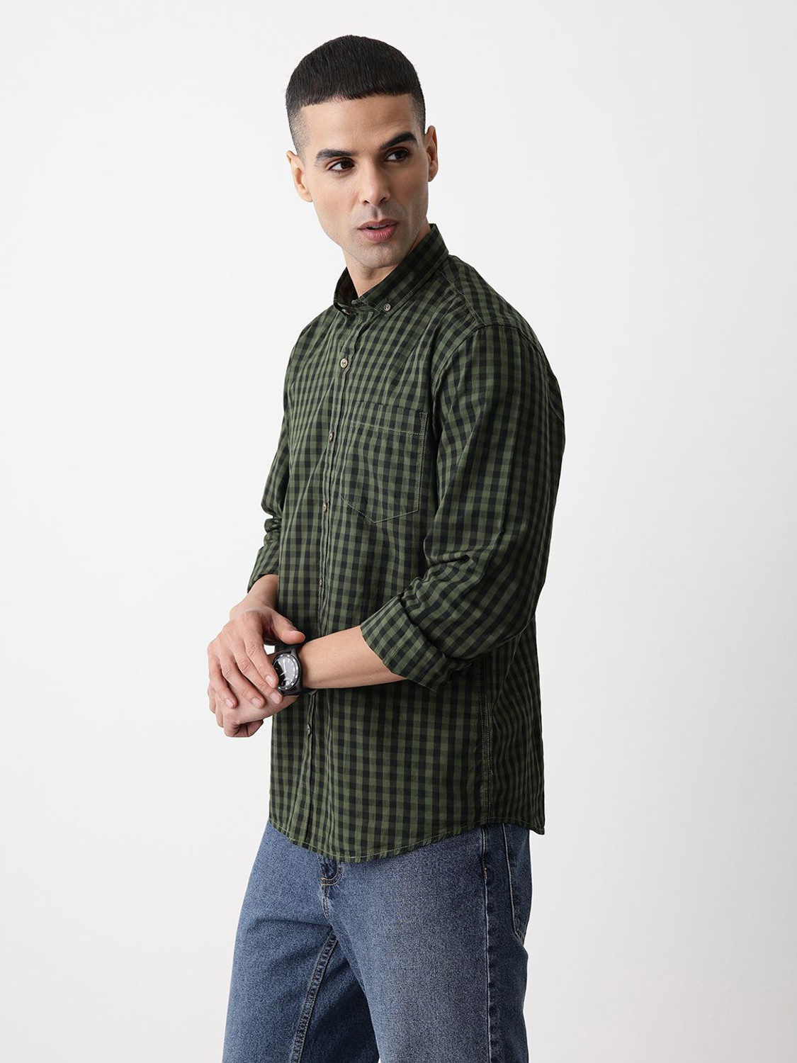 Image of Mast & Harbour Men Checkered Casual Green Shirt