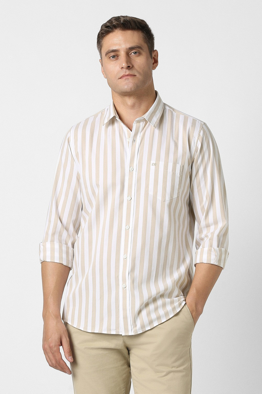 Image of PETER ENGLAND Men Striped Casual Beige Shirt