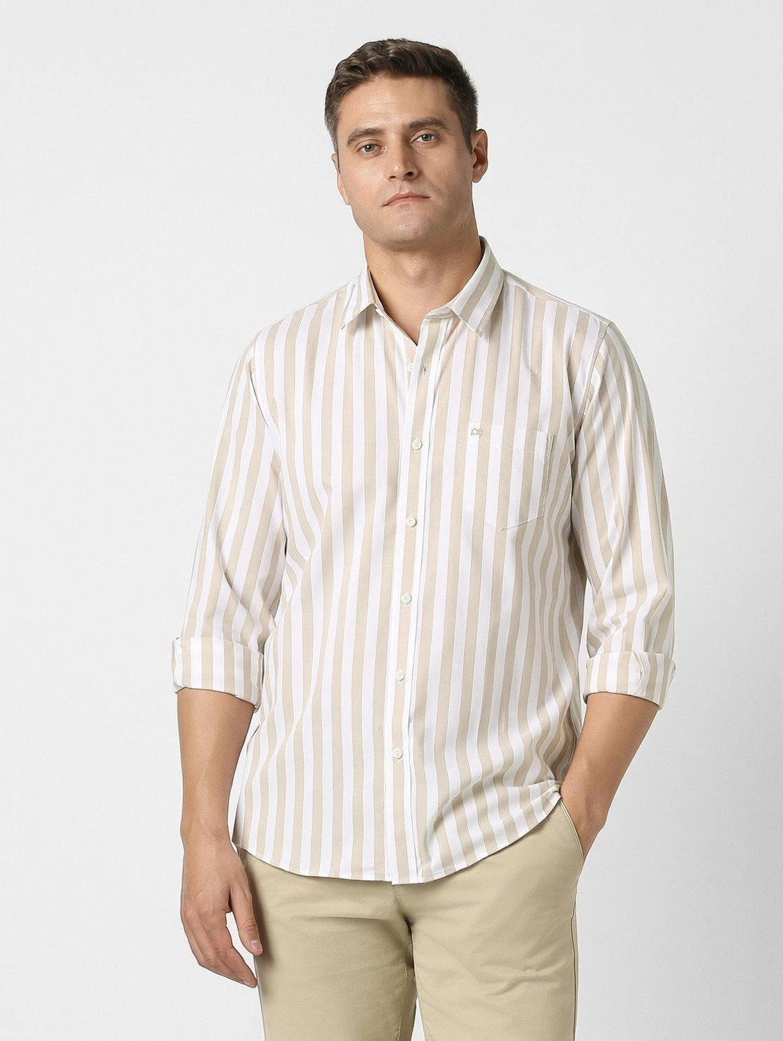 Image of PETER ENGLAND Men Striped Casual Beige Shirt