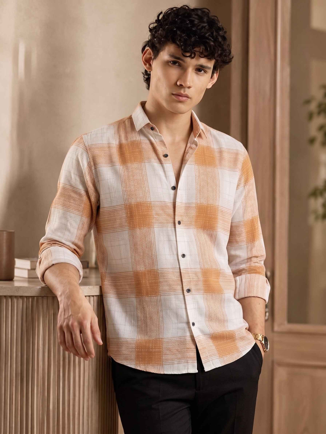Image of ZONANZA Men Checkered Casual White, Brown Shirt