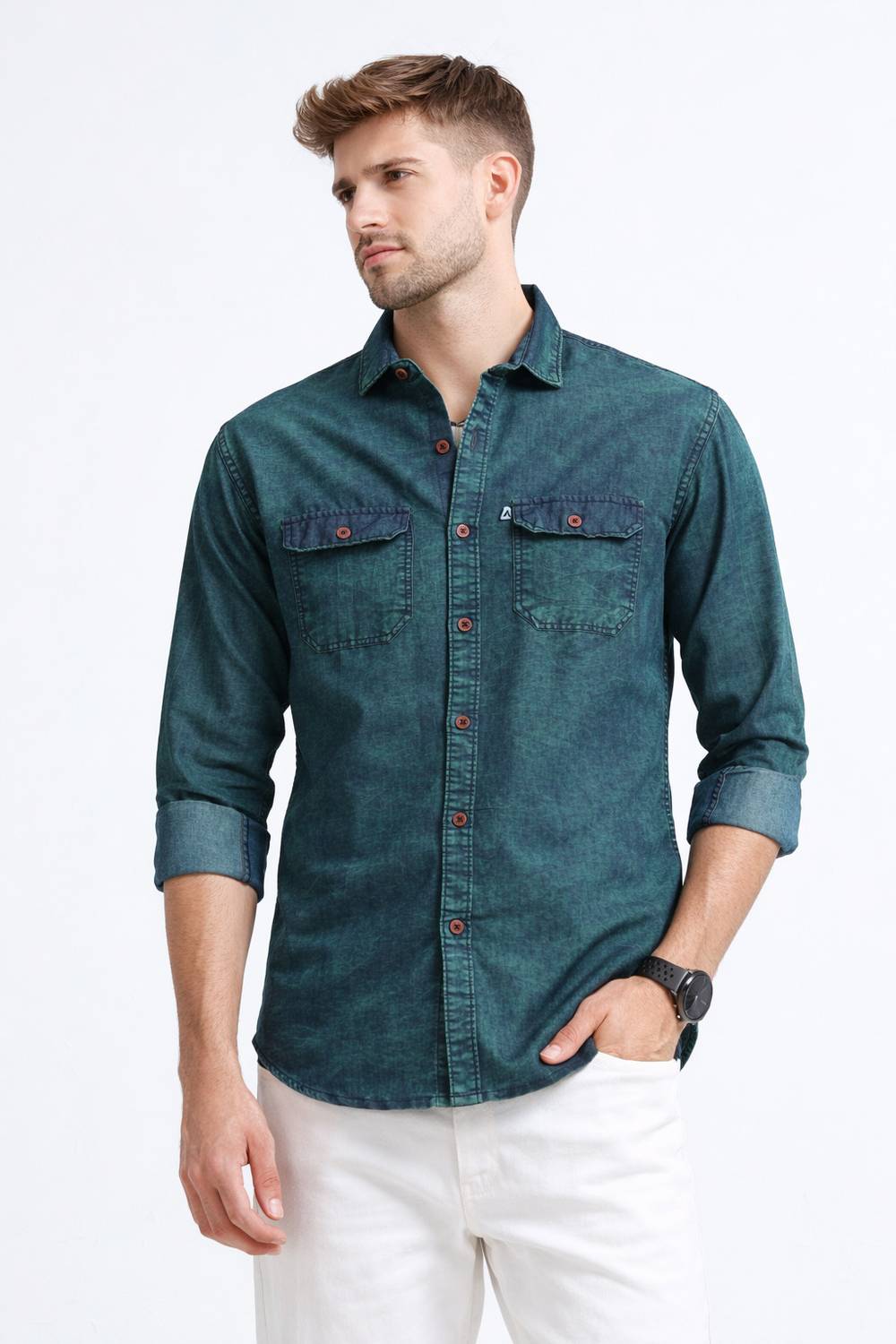 AIDAN Men Washed Casual Green Shirt - Image 1