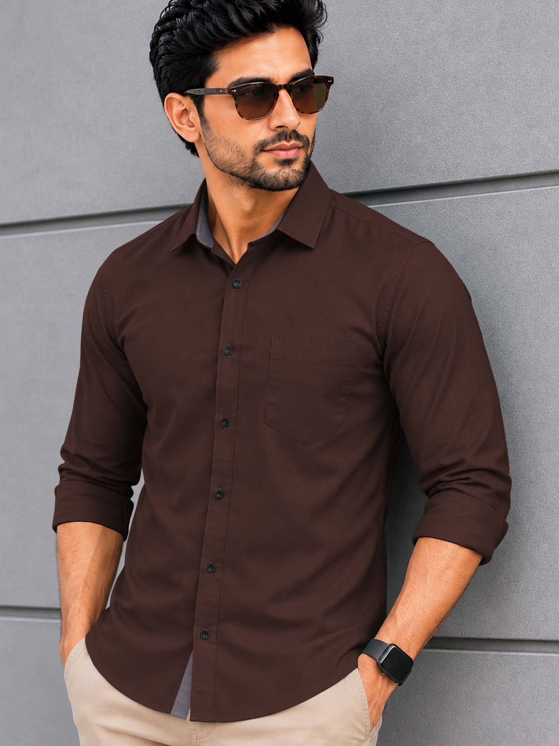 Image of VeBNoR Men Solid Casual Brown Shirt