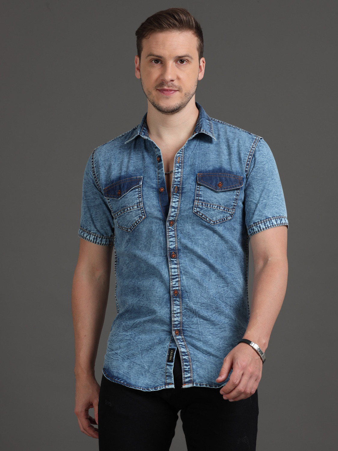 Image of PRINTOUT Men Solid Casual Blue Shirt