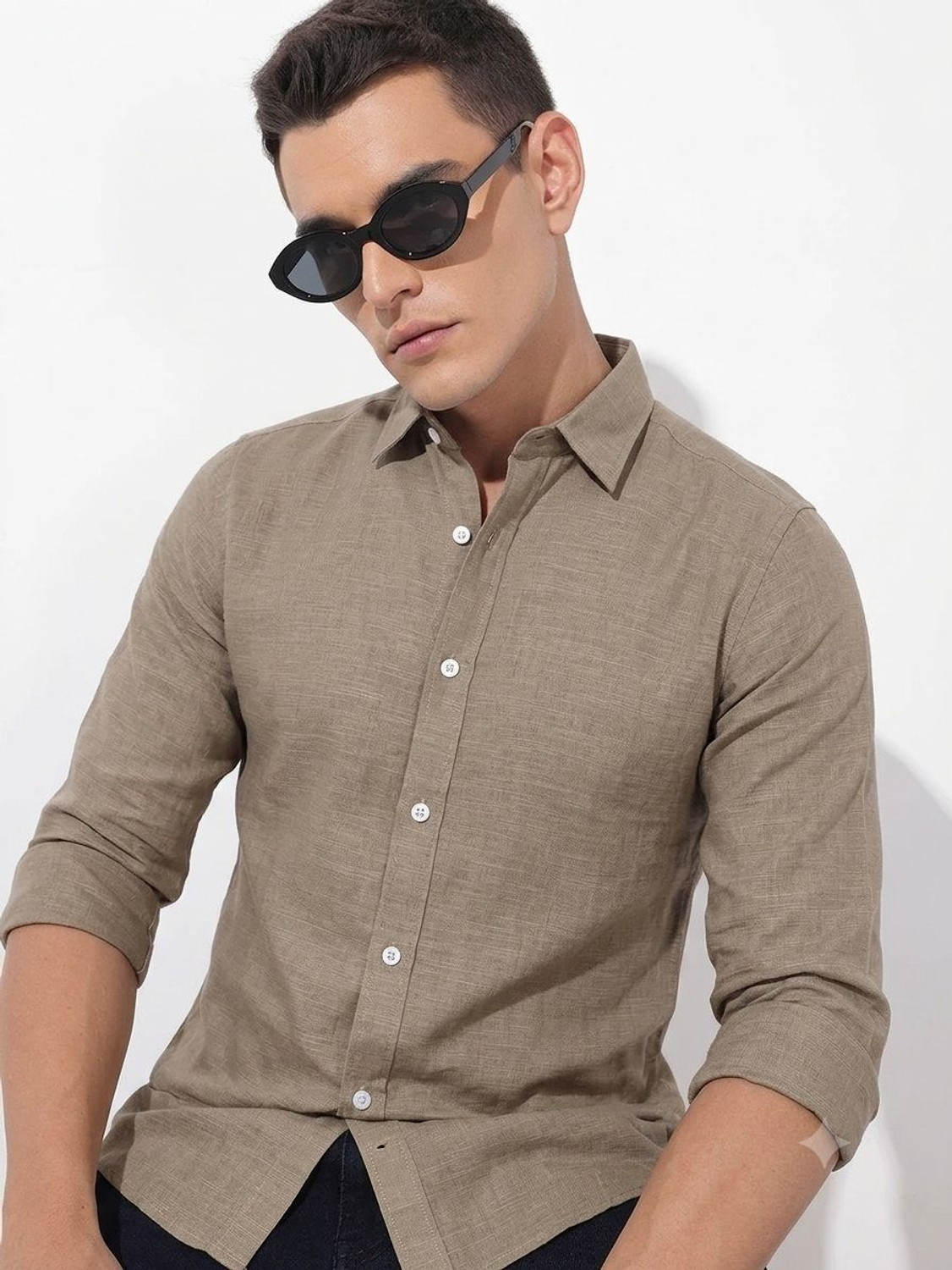 Image of METRONAUT Men Solid Casual Beige Shirt