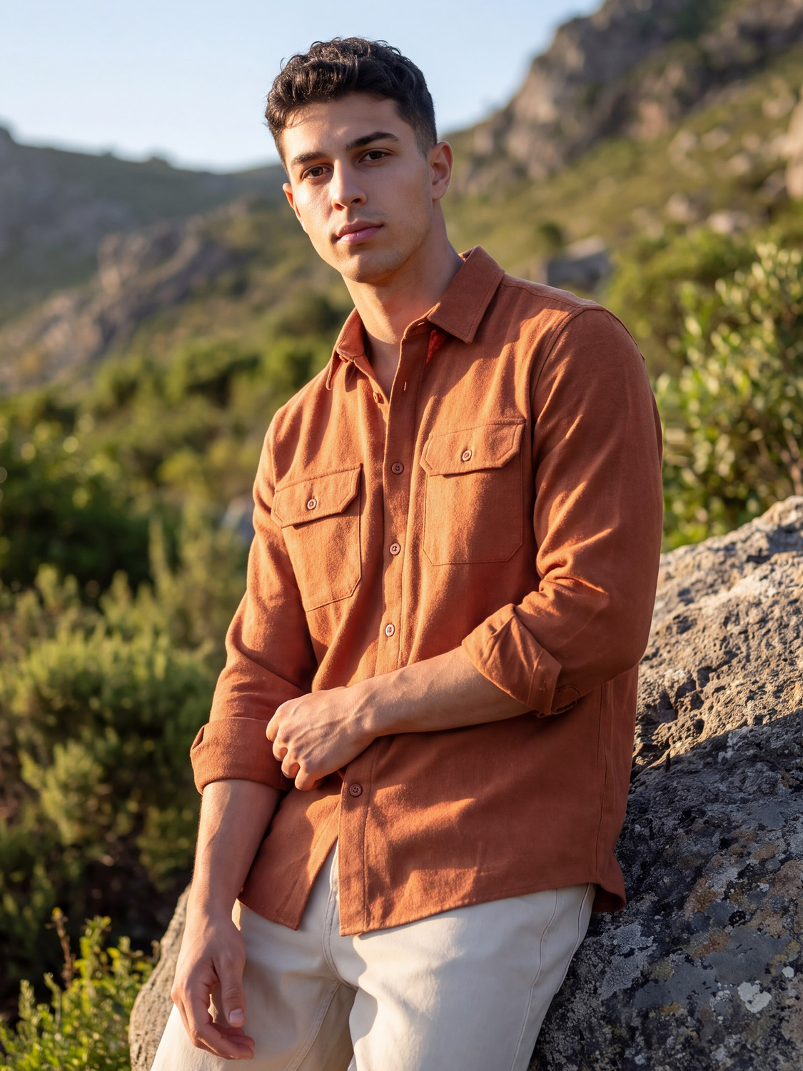 Image of BEYOUNG Men Solid Casual Orange Shirt