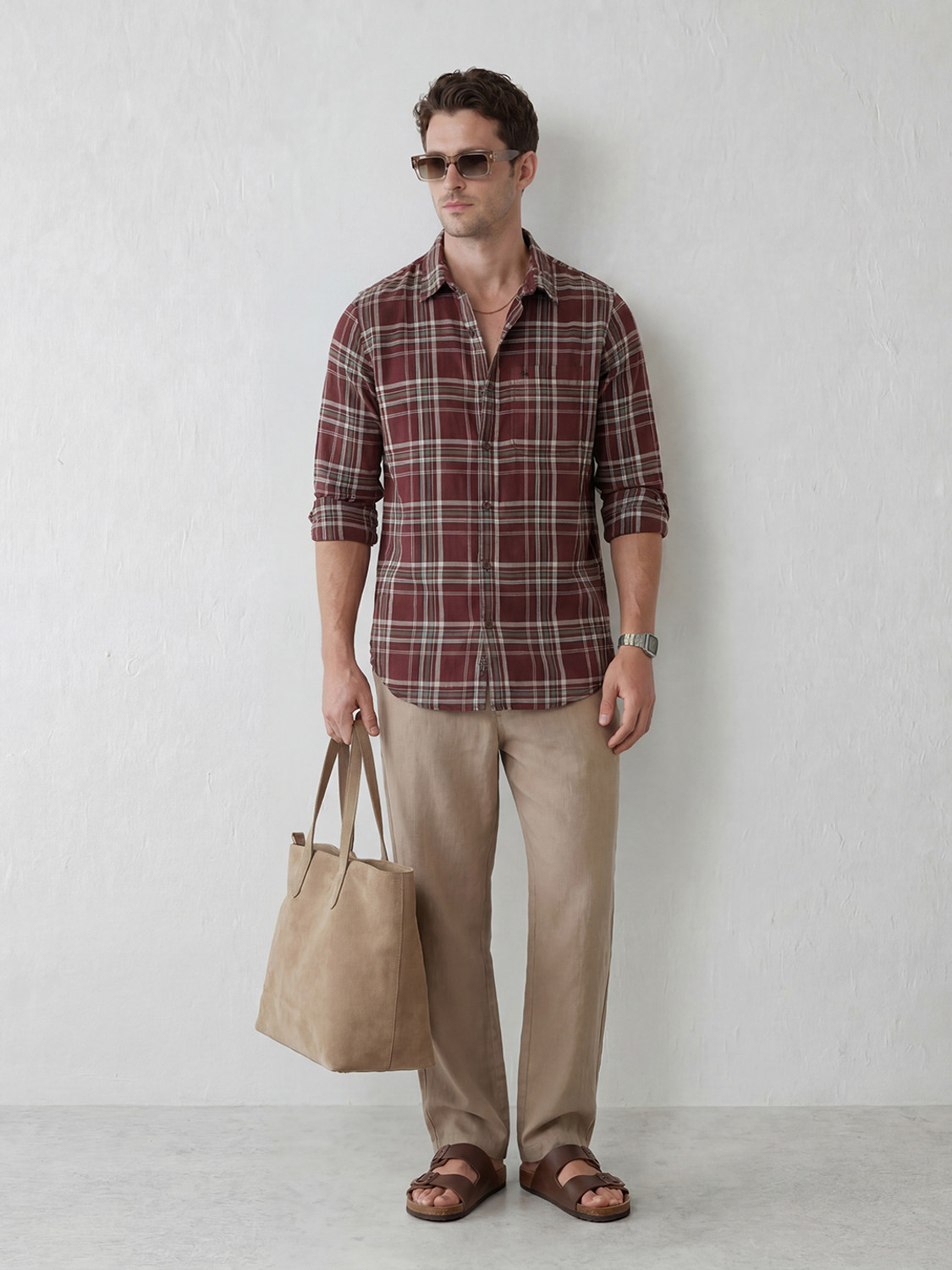 Image of WROGN Men Checkered Casual Maroon Shirt