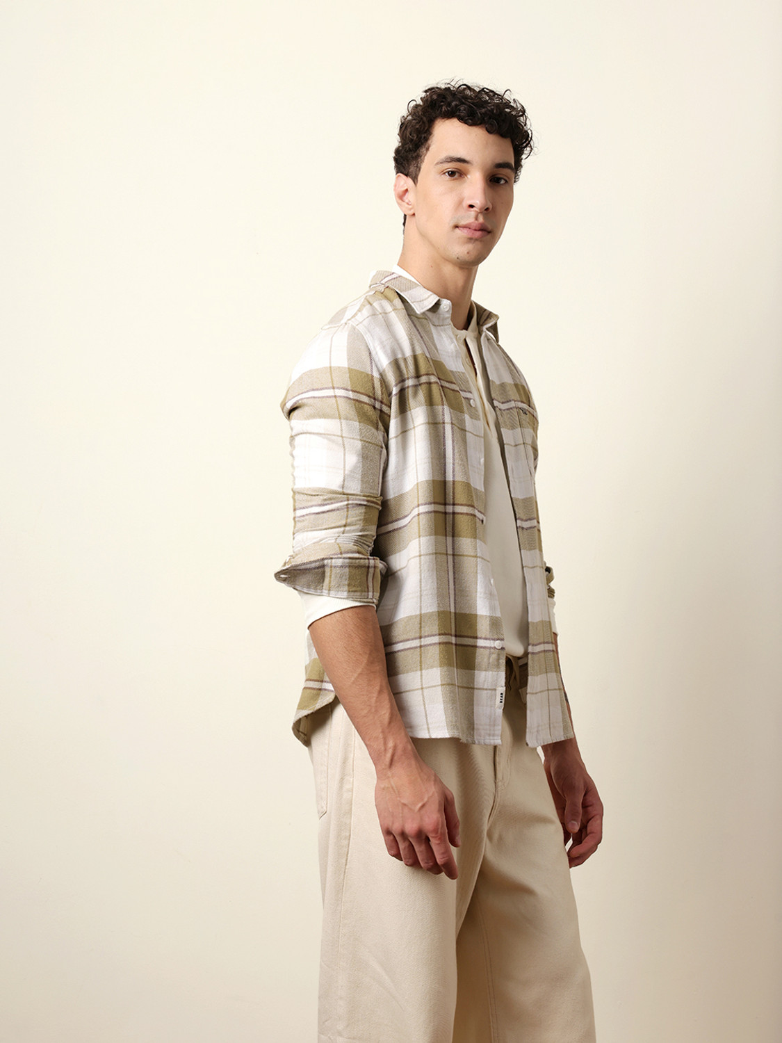 Image of THE BEAR HOUSE Men Checkered Casual Beige Shirt
