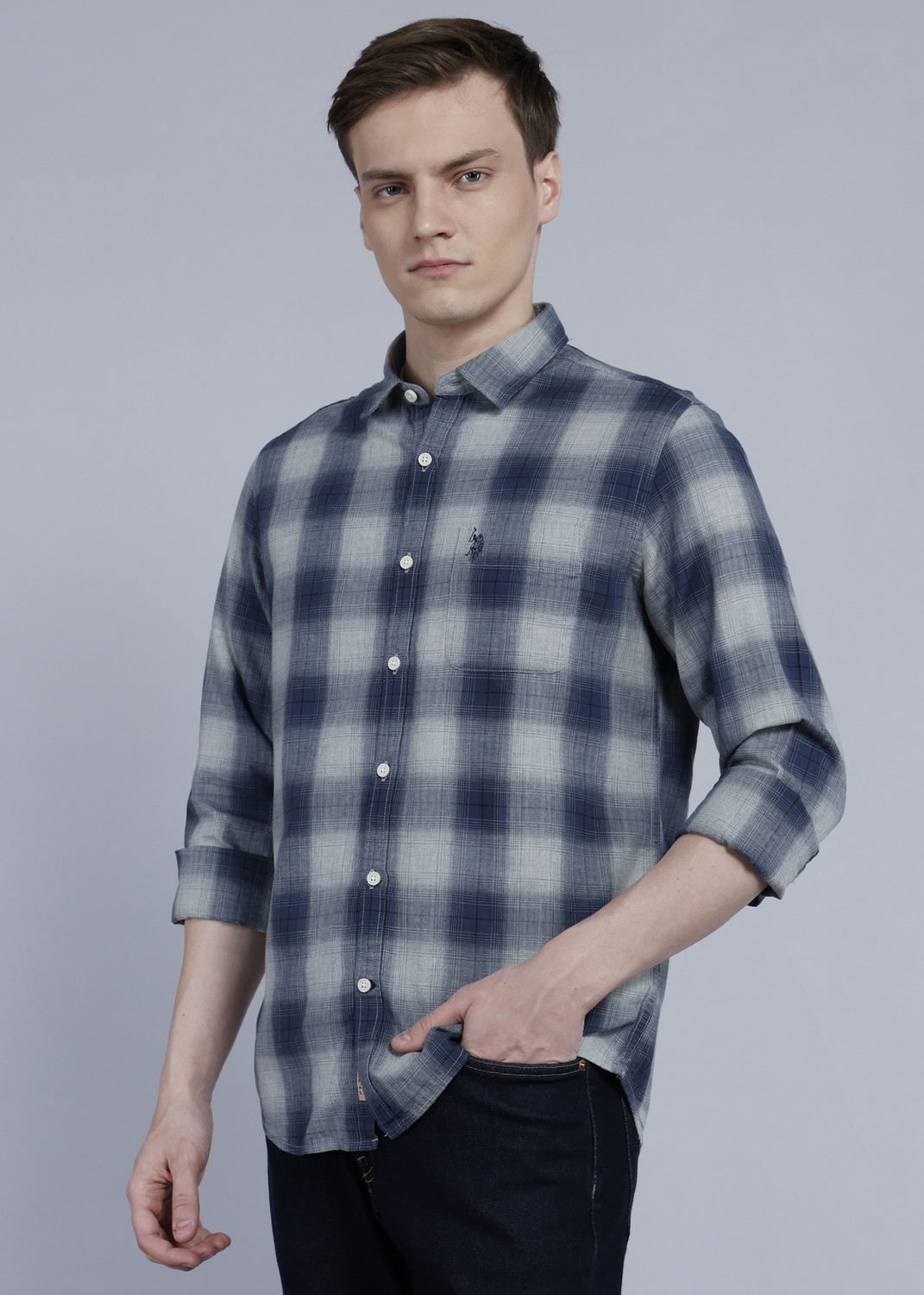 Image of U.S. Polo Assn. Denim Co. Men Checkered Casual Blue, Grey Shirt