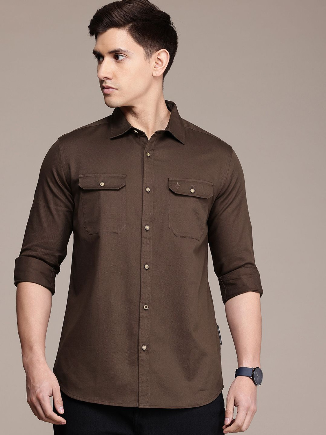Image of French Connection Men Slim Fit Solid Cut Away Collar Casual Shirt